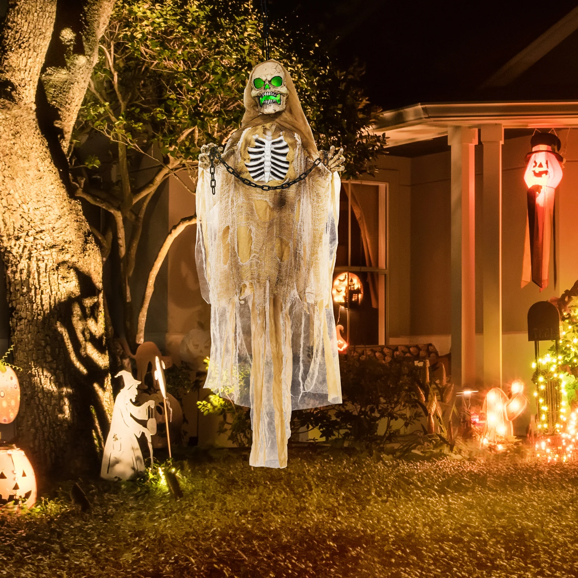 HOMCOM Hanging Halloween Skeleton Animatronic Prop for Indoor Outdoor - Image 2