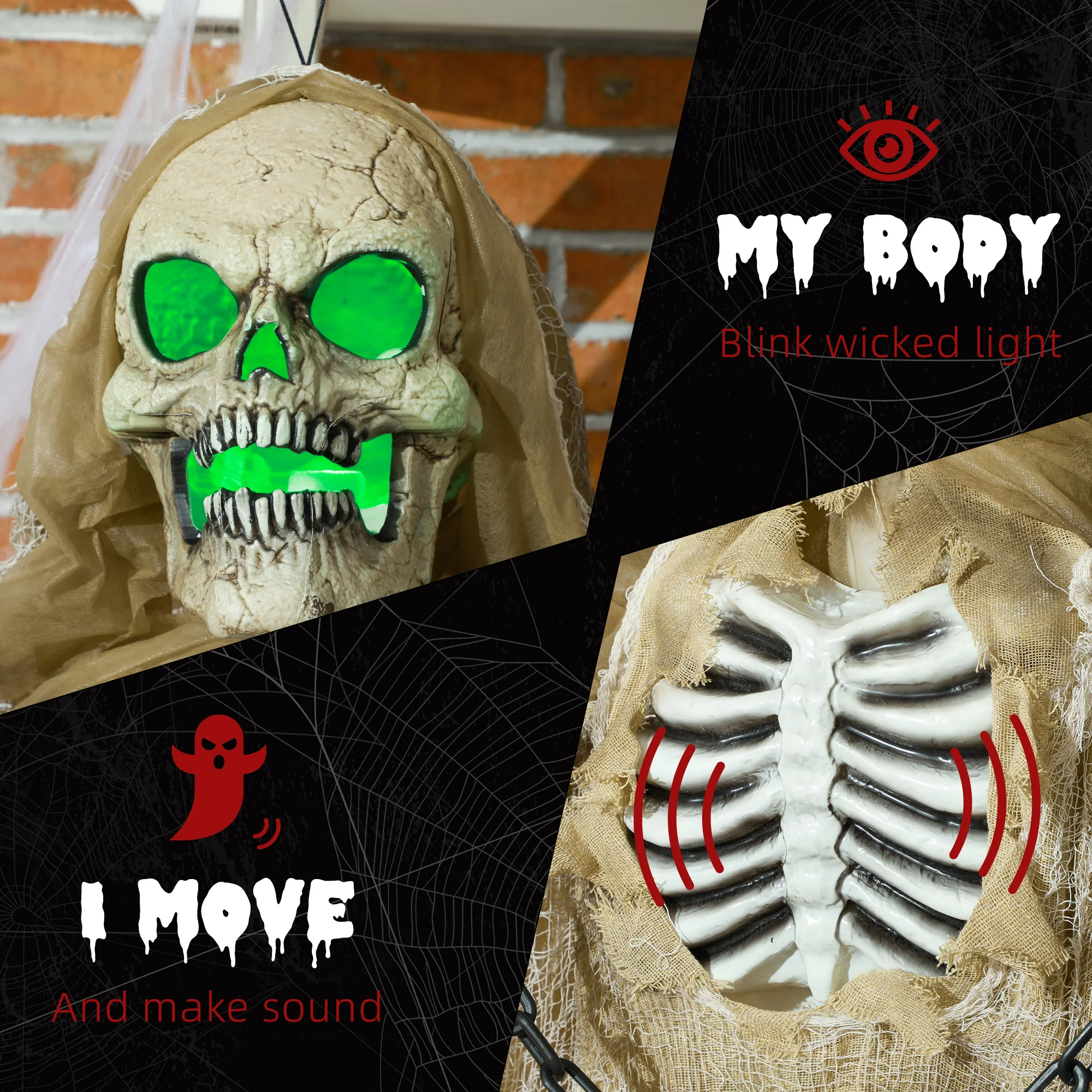 HOMCOM Hanging Halloween Skeleton Animatronic Prop for Indoor Outdoor - Image 5