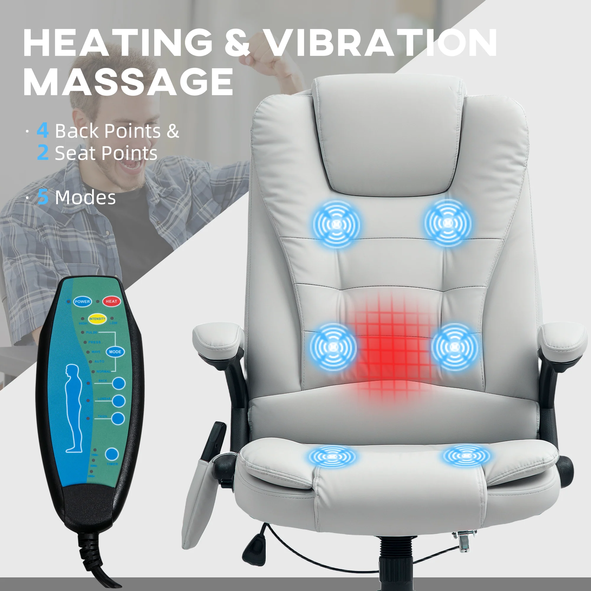 HOMCOM Heated Vibrating Massage Chair with Reclining Function, Light Grey - Image 3
