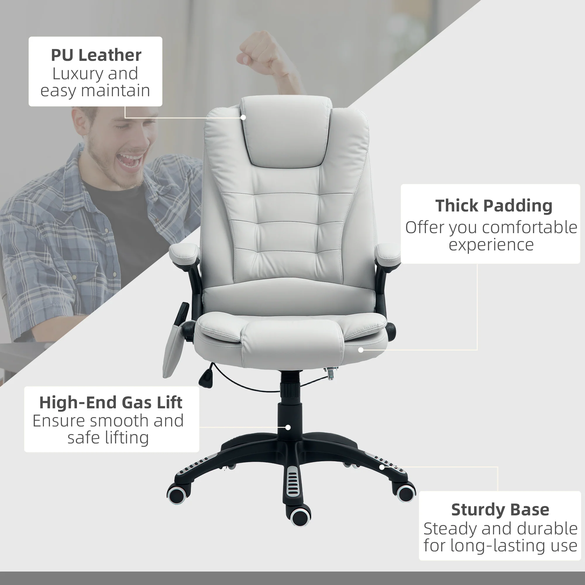 HOMCOM Heated Vibrating Massage Chair with Reclining Function, Light Grey - Image 8