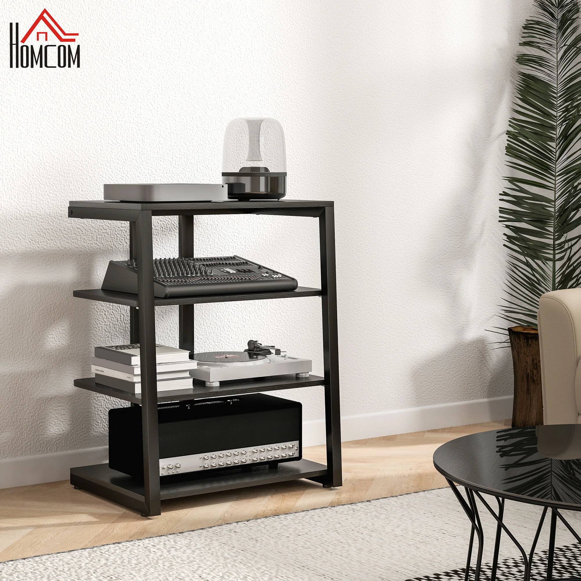 HOMCOM HiFi Rack Stand W/ Power Strip Rack 4-Tier Record Player Stand Black - Image 3