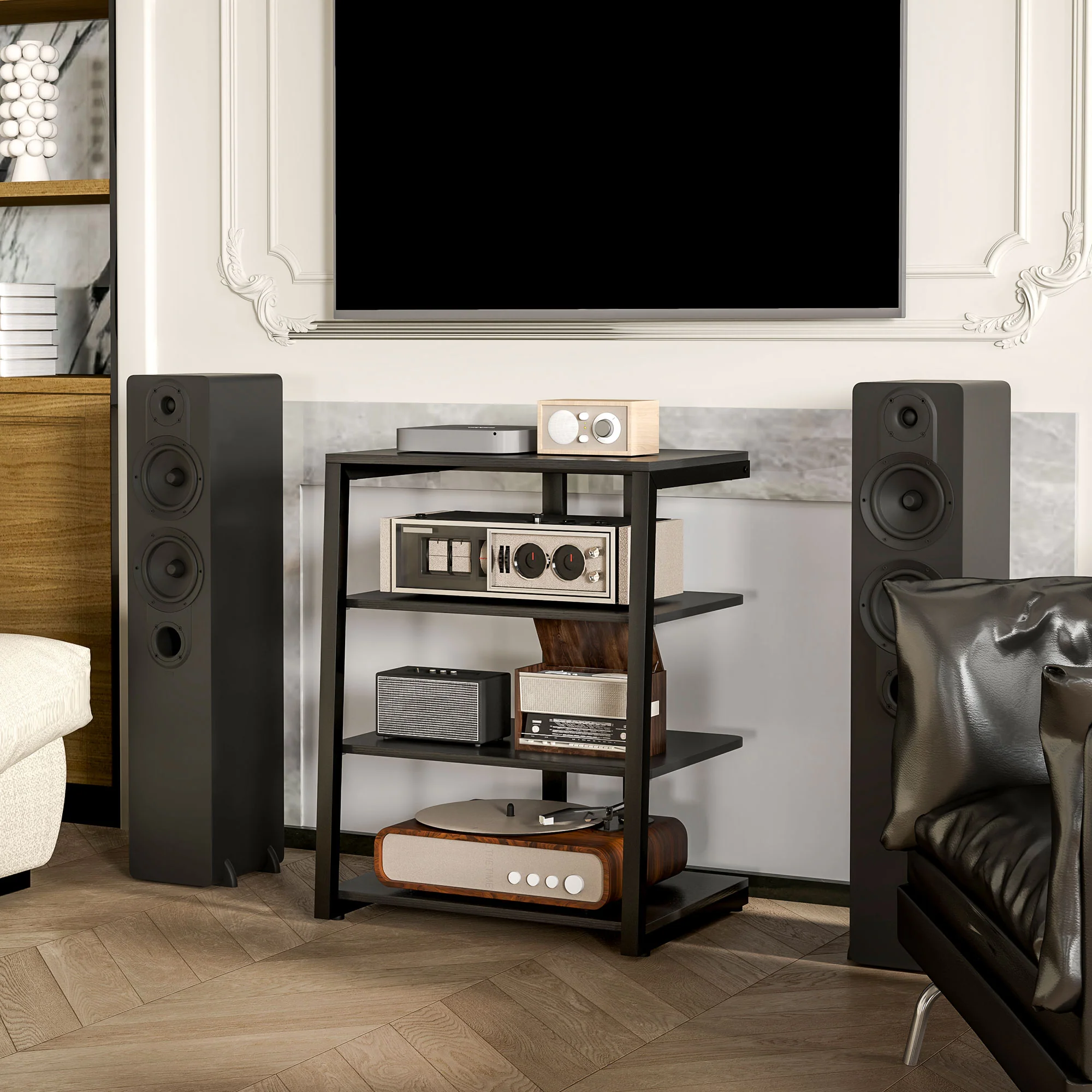 HOMCOM HiFi Rack Stand W/ Power Strip Rack 4-Tier Record Player Stand Black - Image 9