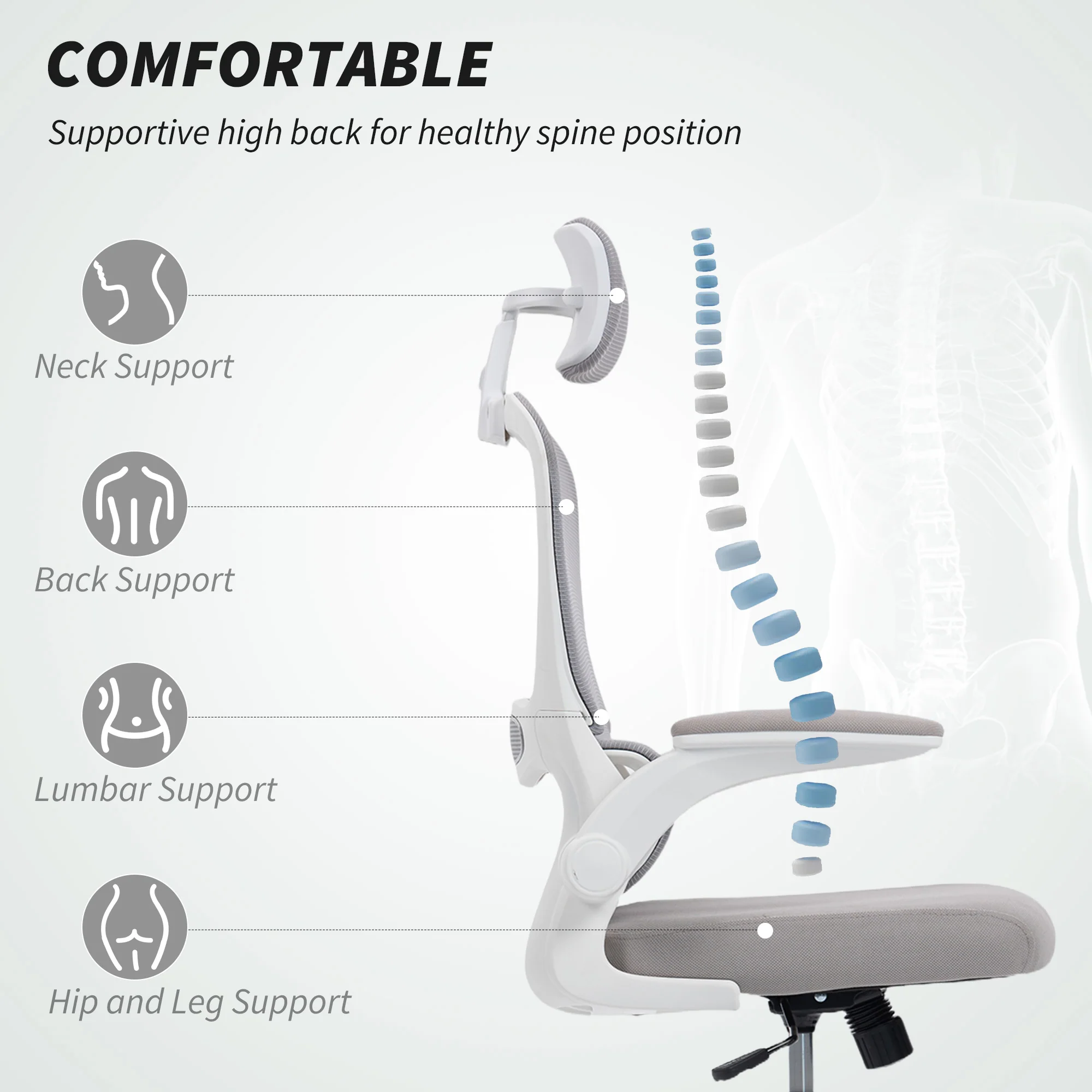 HOMCOM High Back Mesh Computer Desk Chair With Lumbar Support, Grey - Image 3
