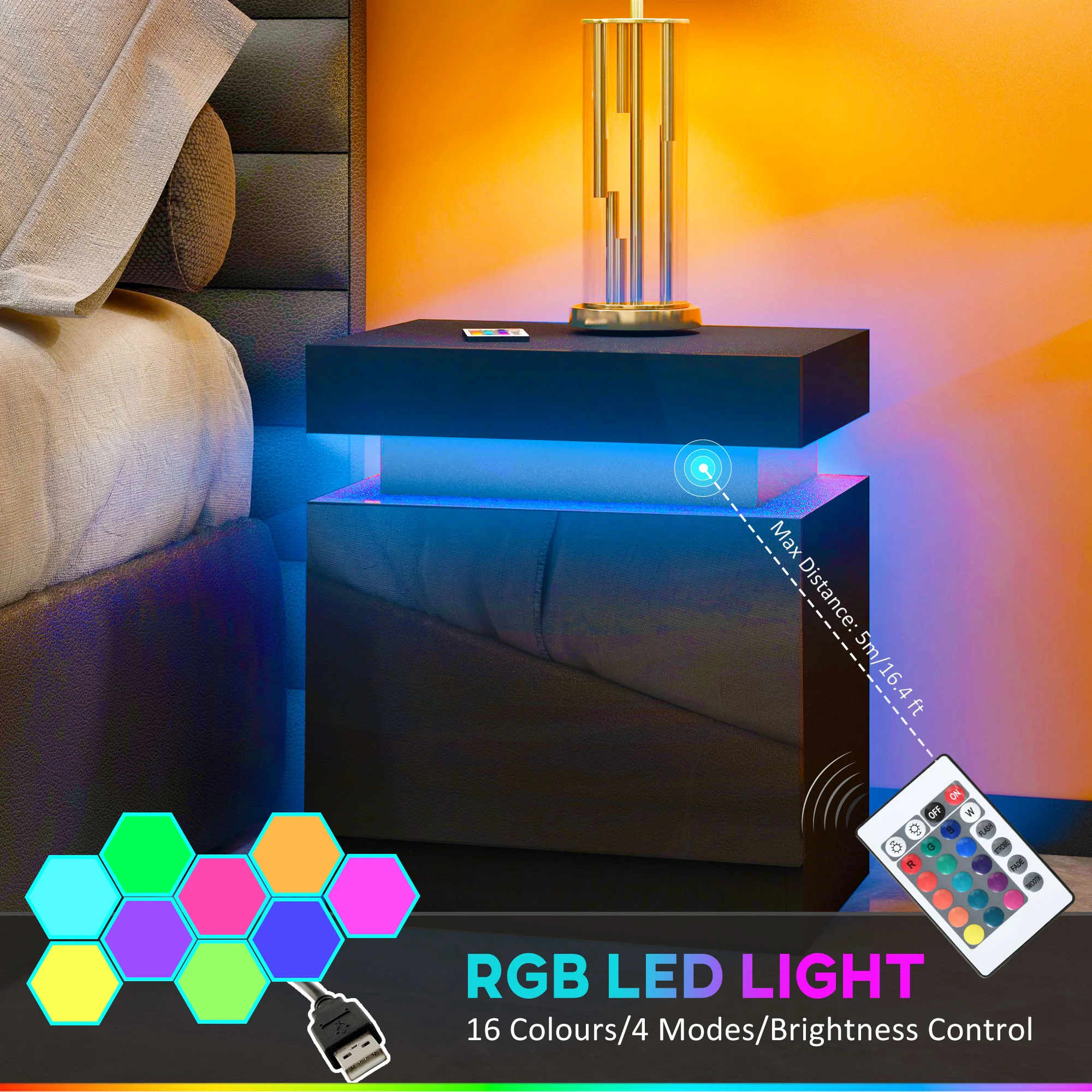 HOMCOM High Gloss Bedside Table with LED Light and 2 Drawers, Black - Image 3