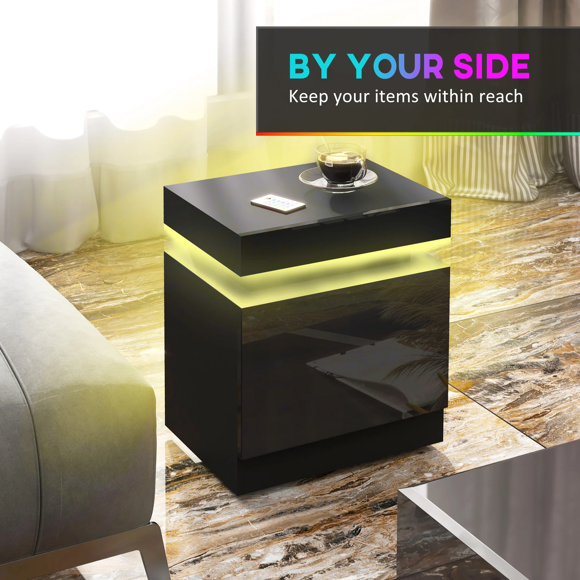HOMCOM High Gloss Bedside Table with LED Light and 2 Drawers, Black - Image 4