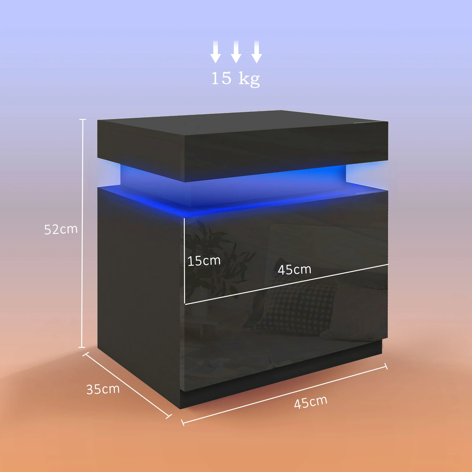 HOMCOM High Gloss Bedside Table with LED Light and 2 Drawers, Black - Image 5