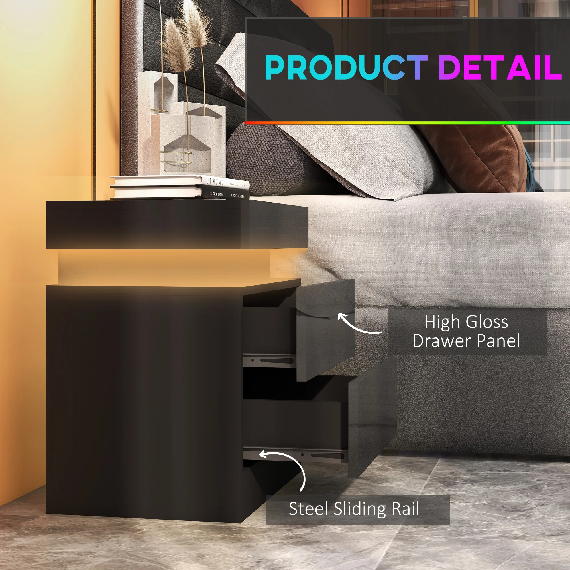 HOMCOM High Gloss Bedside Table with LED Light and 2 Drawers, Black - Image 7