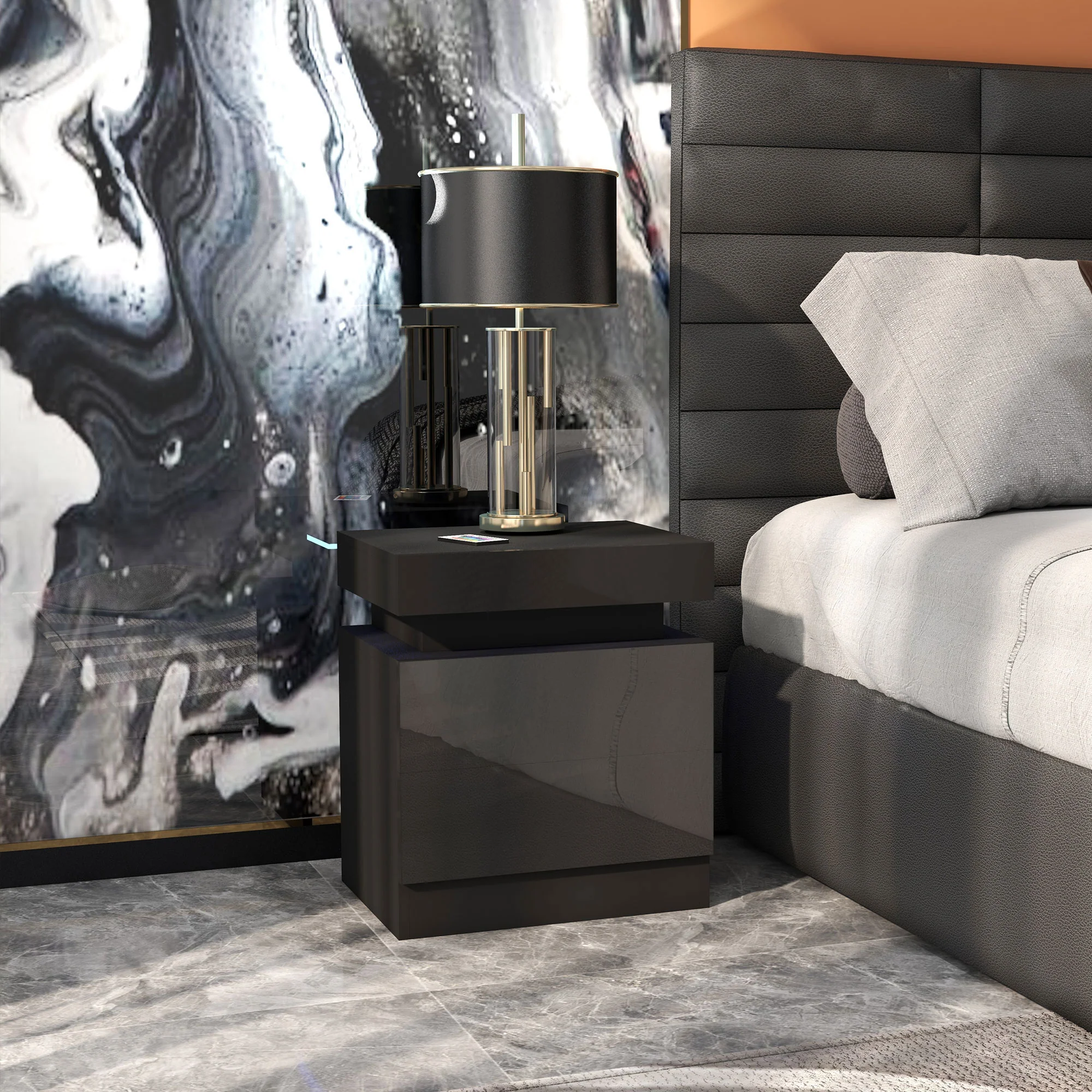 HOMCOM High Gloss Bedside Table with LED Light and 2 Drawers, Black - Image 8