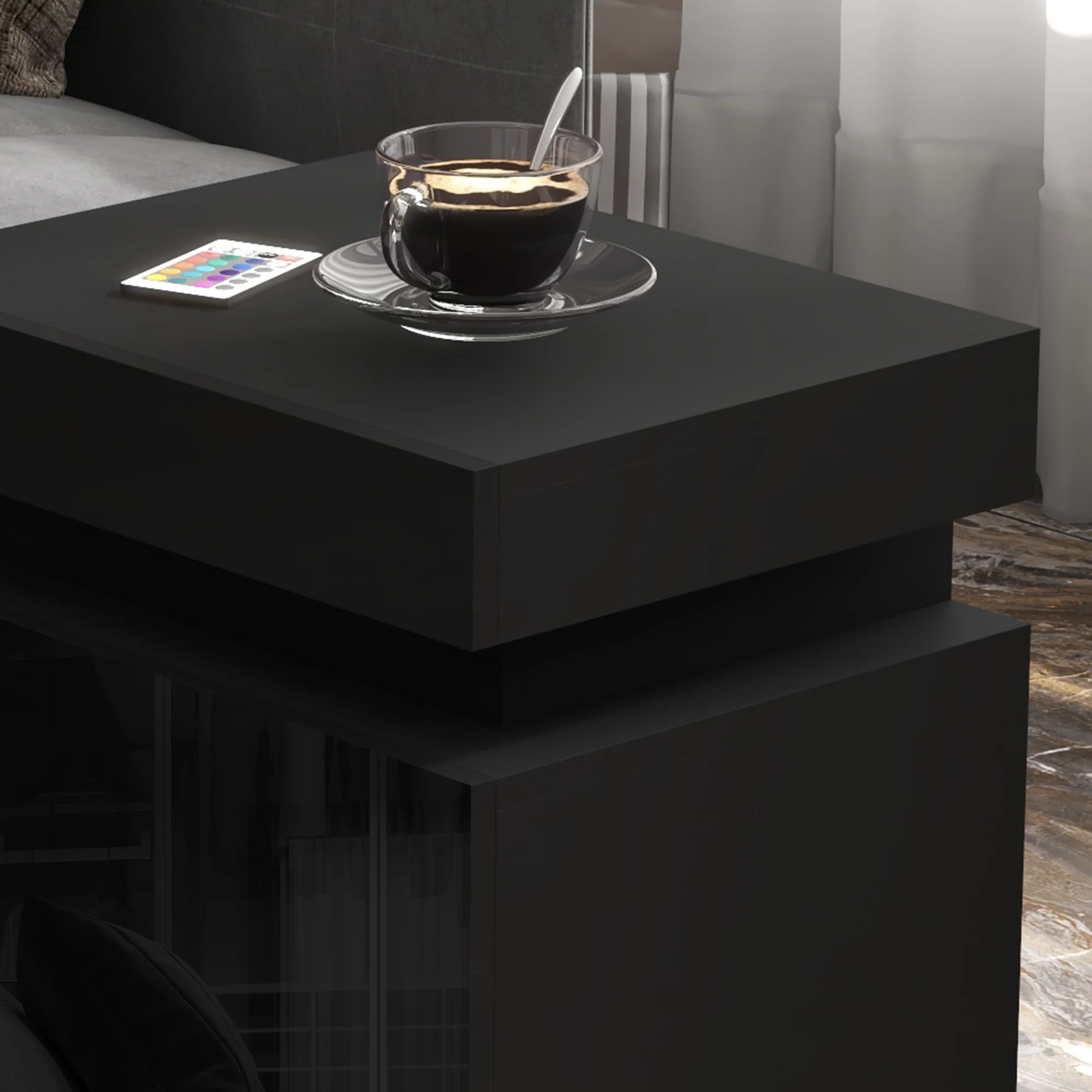 HOMCOM High Gloss Bedside Table with LED Light and 2 Drawers, Black - Image 9