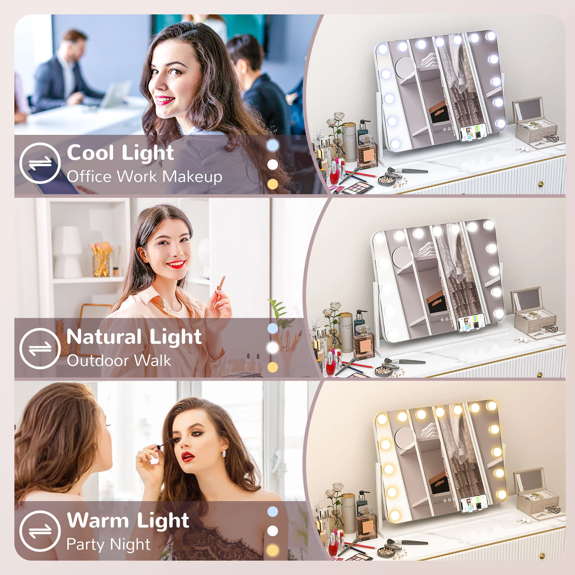 HOMCOM Hollywood Dimmable Lighted Makeup Mirror With Magnifier, USB Port - Image 6