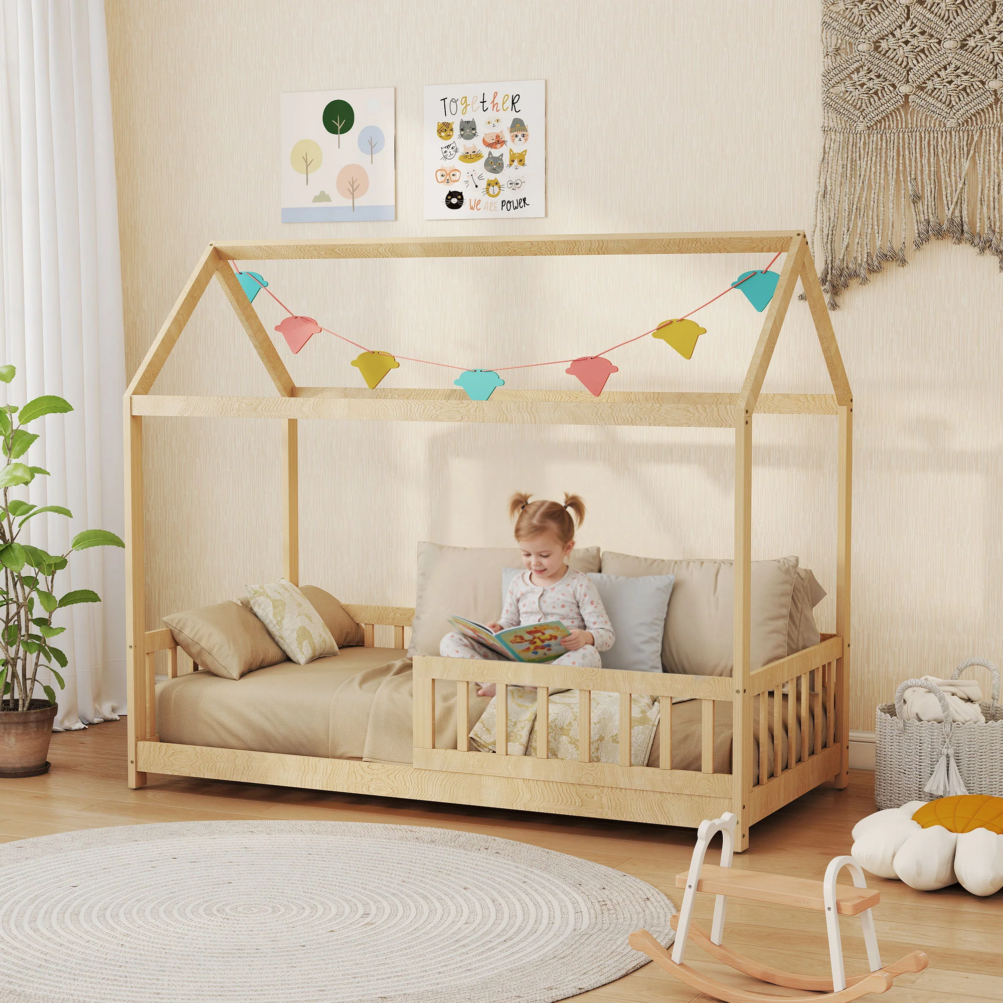 HOMCOM House-Shaped Kids Bed Frame Solid Pine Wood with Guard Rails, Natural