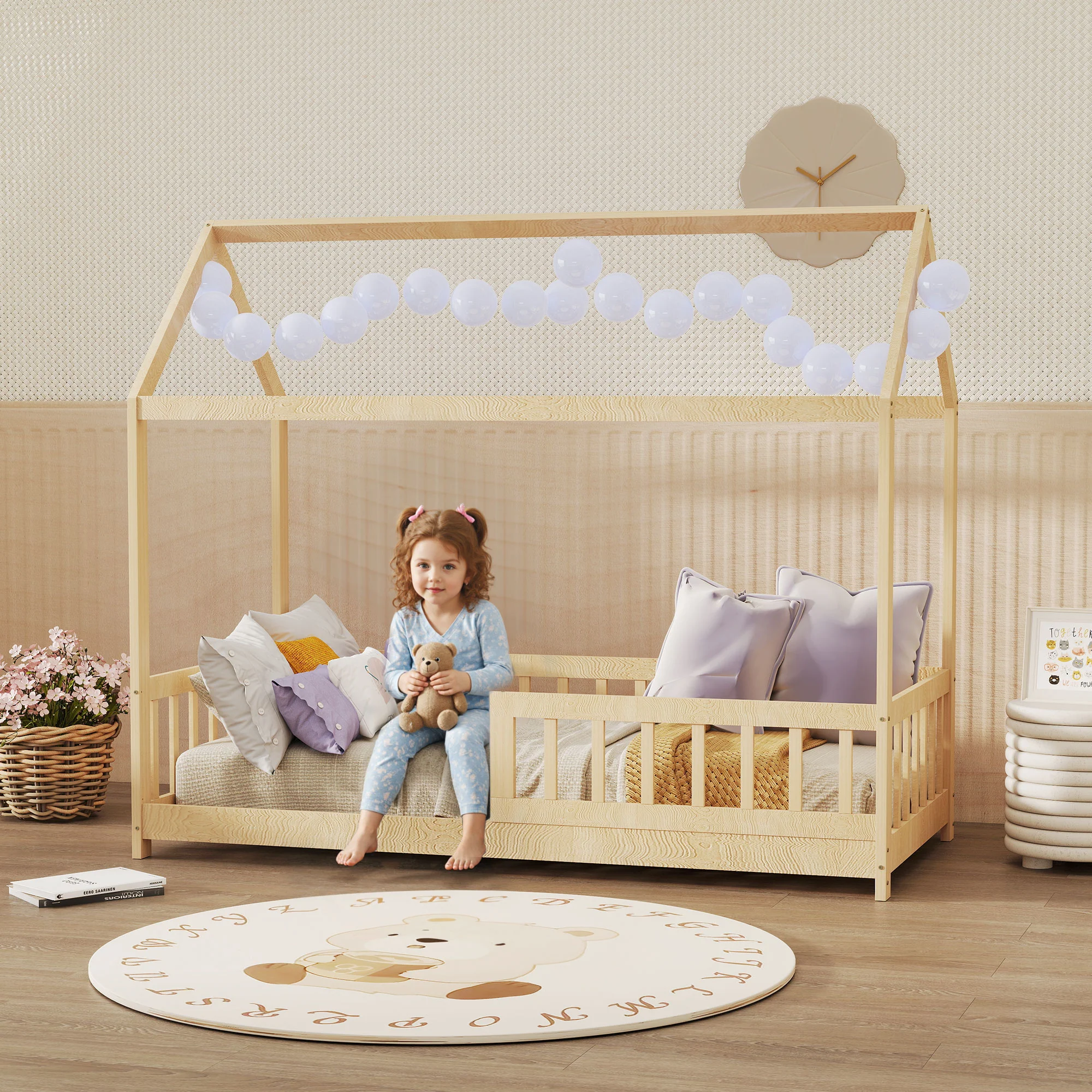 HOMCOM House-Shaped Kids Bed Frame Solid Pine Wood with Guard Rails, Natural - Image 2