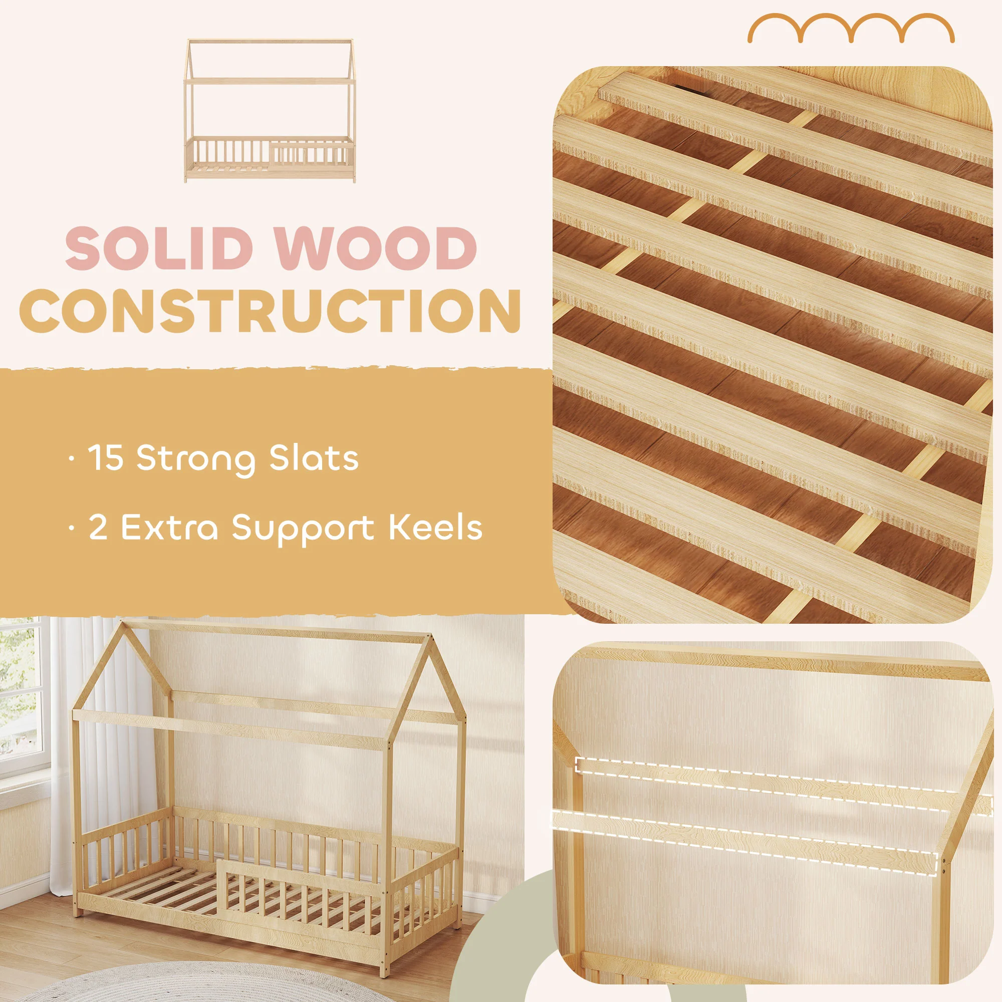 HOMCOM House-Shaped Kids Bed Frame Solid Pine Wood with Guard Rails, Natural - Image 7