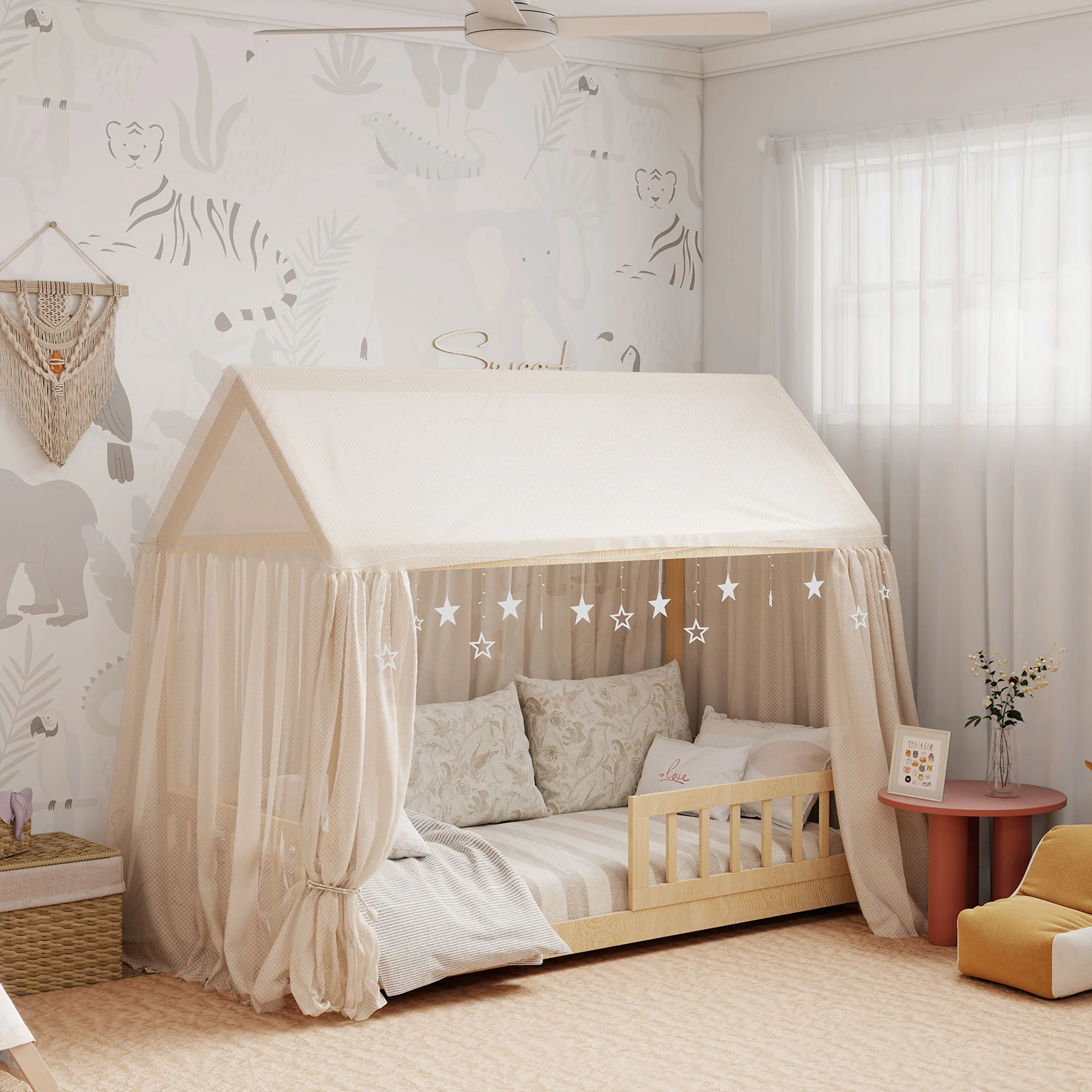 HOMCOM House-Shaped Kids Bed Frame Solid Pine Wood with Guard Rails, Natural - Image 8