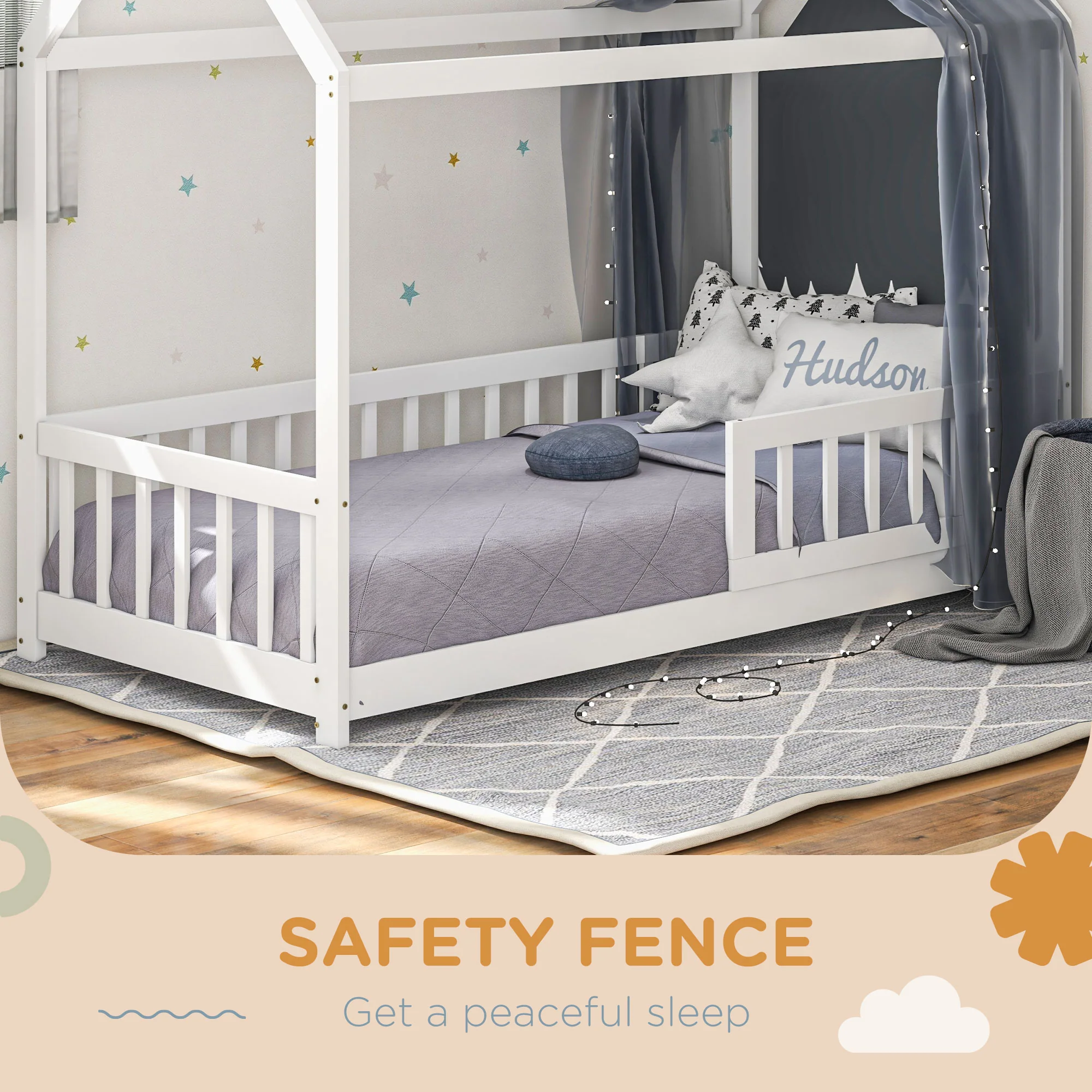 HOMCOM House-Shaped Kids Bed Frame with Safety Fence for Boys Girls, White - Image 6