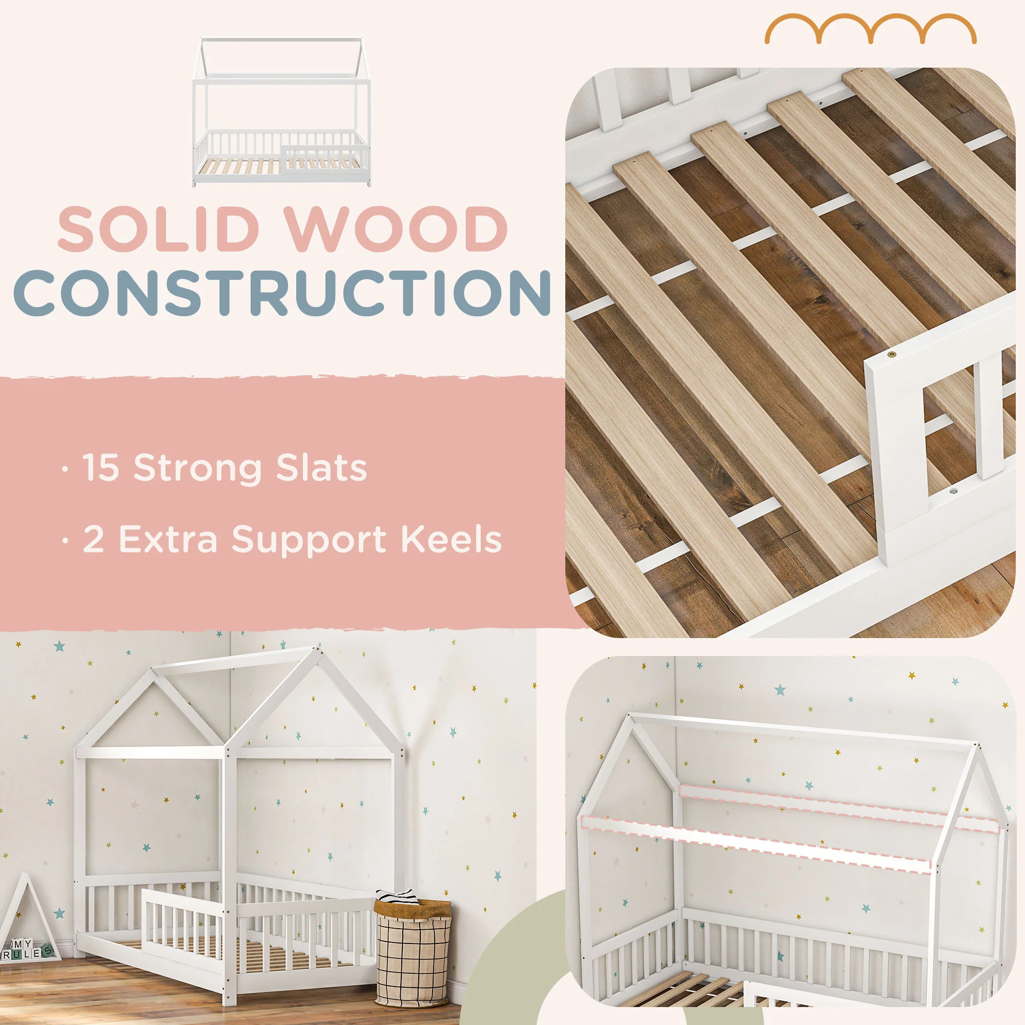 HOMCOM House-Shaped Kids Bed Frame with Safety Fence for Boys Girls, White - Image 7