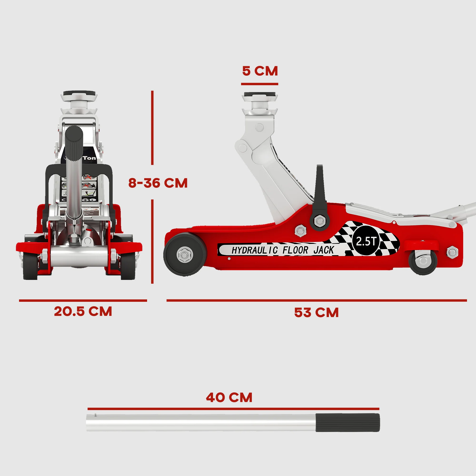 HOMCOM Hydraulic Low Profile Floor Jack, 2.5 T 80-360 mm Steel Car Jack, Red - Image 5