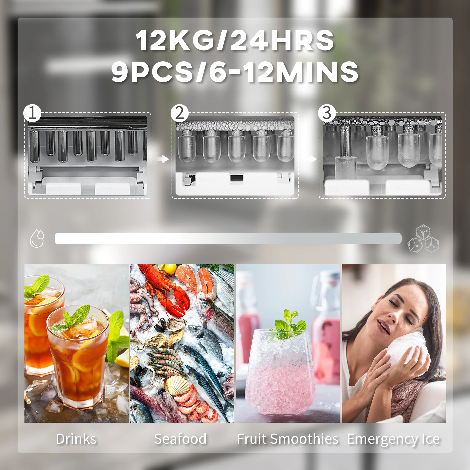 HOMCOM Ice Maker w/ Ice Basket 12Kg in 24 Hrs 9 Cubes Ready in 6-12Mins White - Image 3