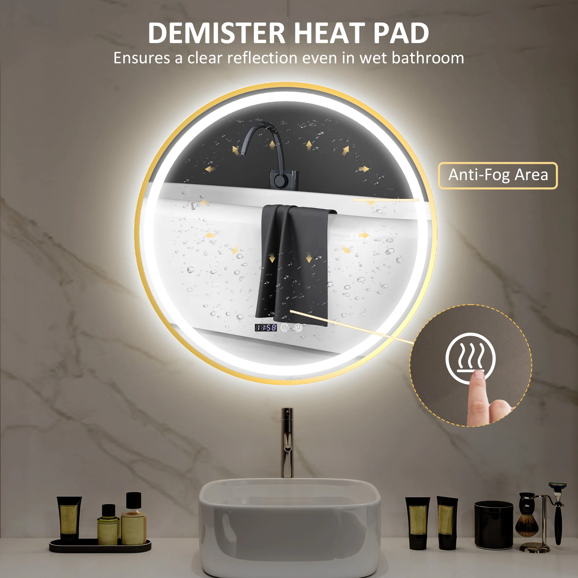HOMCOM Illuminated Bathroom LED Mirror Round Wall Mounted Mirror Gold - Image 13