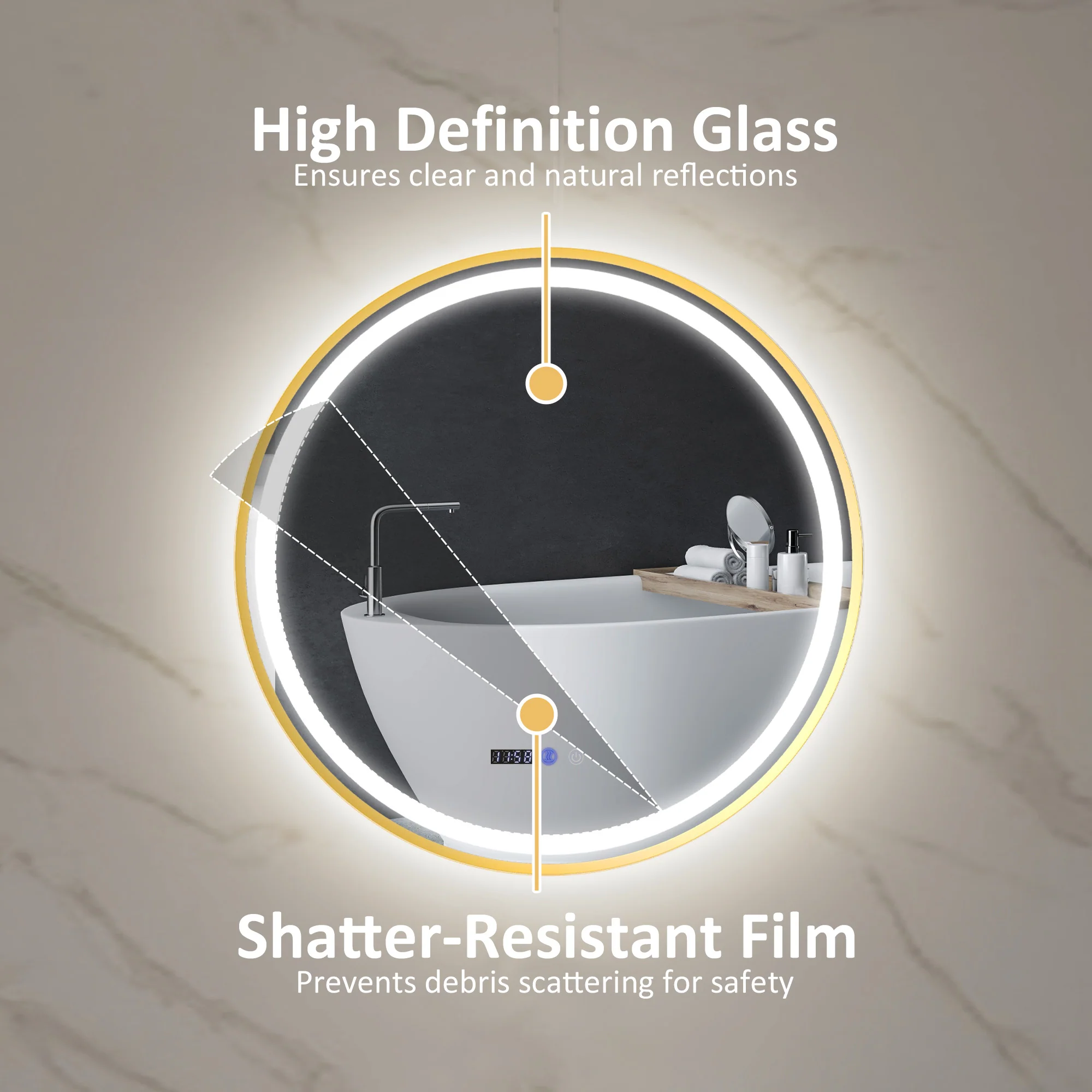 HOMCOM Illuminated Bathroom LED Mirror Round Wall Mounted Mirror Gold - Image 16