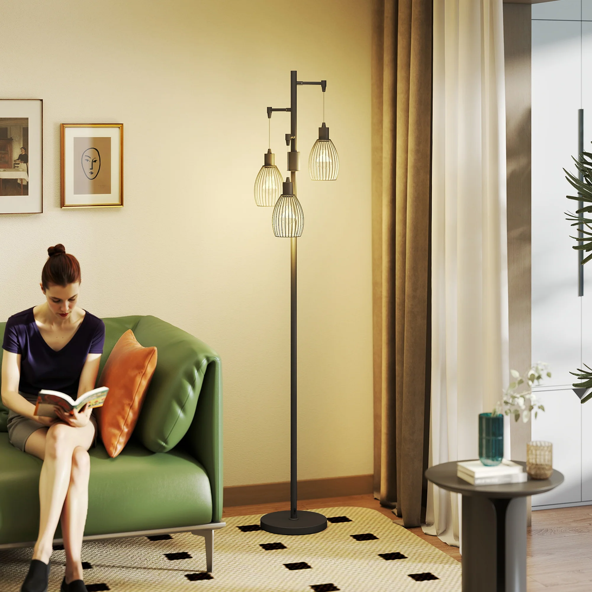 HOMCOM Industrial 3-Light Floor Lamp Dimmable LED Standing Lamp, Black - Image 2