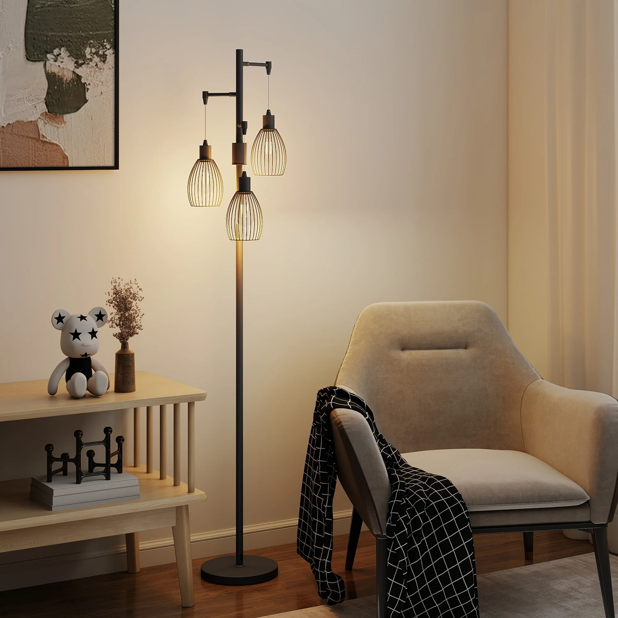 HOMCOM Industrial 3-Light Floor Lamp Dimmable LED Standing Lamp, Black - Image 8