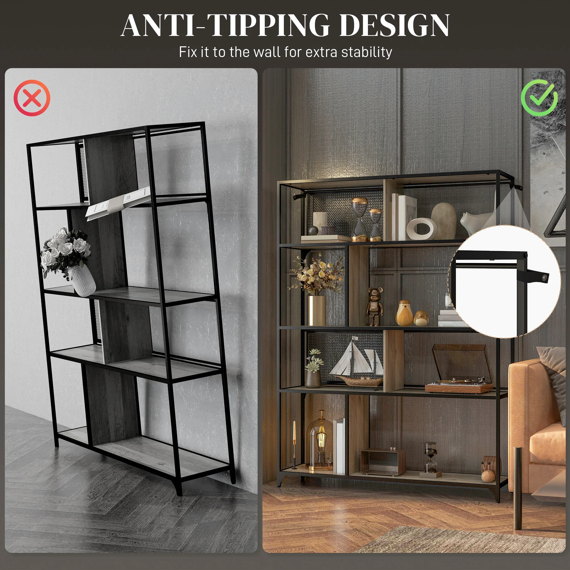 HOMCOM Industrial 5 Tier Book Shelf with Sliding Mesh Doors, for Living Room - Image 7