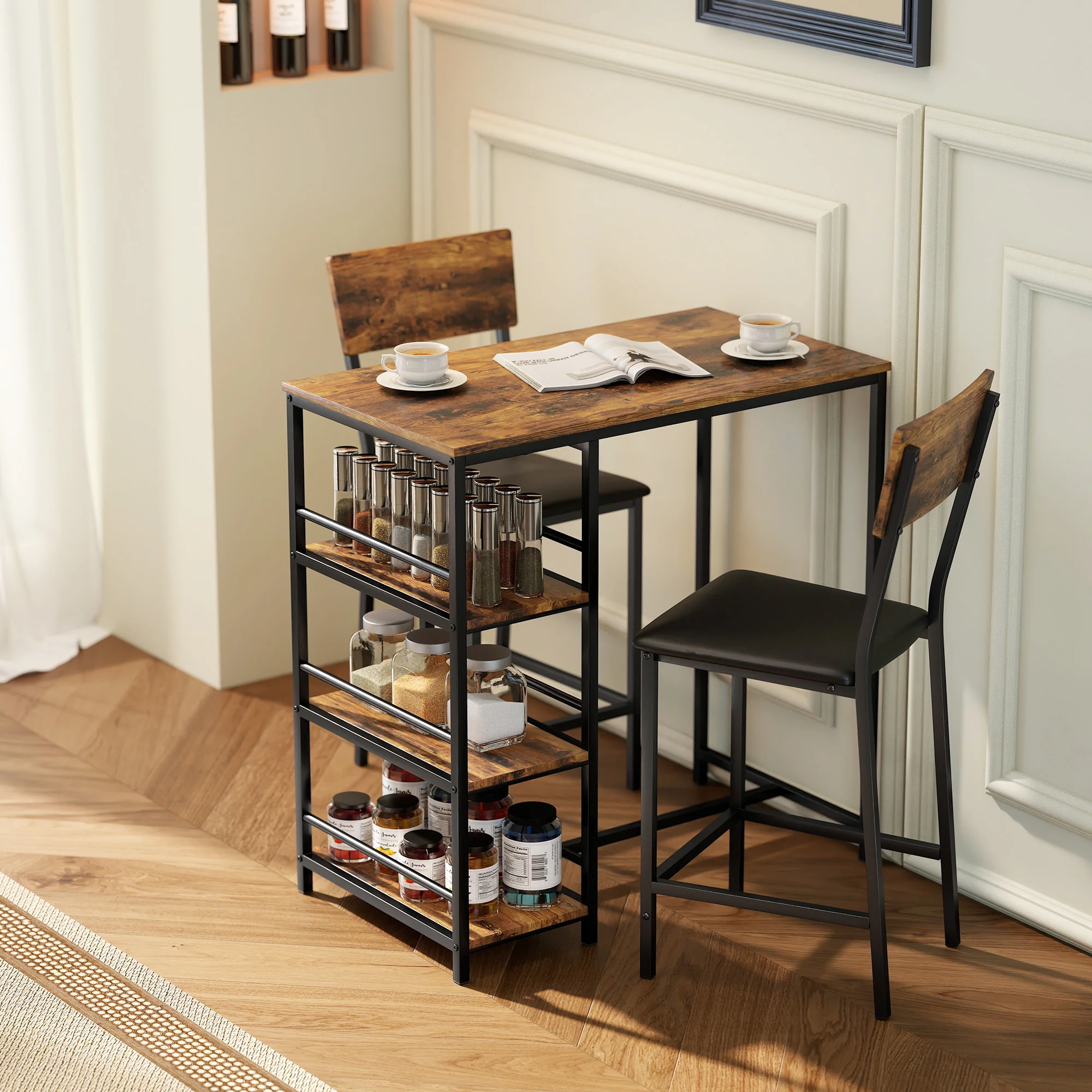 HOMCOM Industrial Bar Table Set with Storage and Padded Seats, Rustic Brown - Image 2