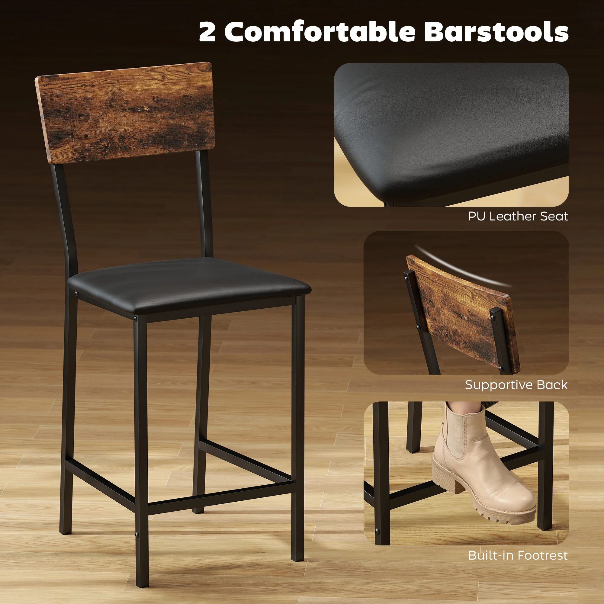 HOMCOM Industrial Bar Table Set with Storage and Padded Seats, Rustic Brown - Image 4