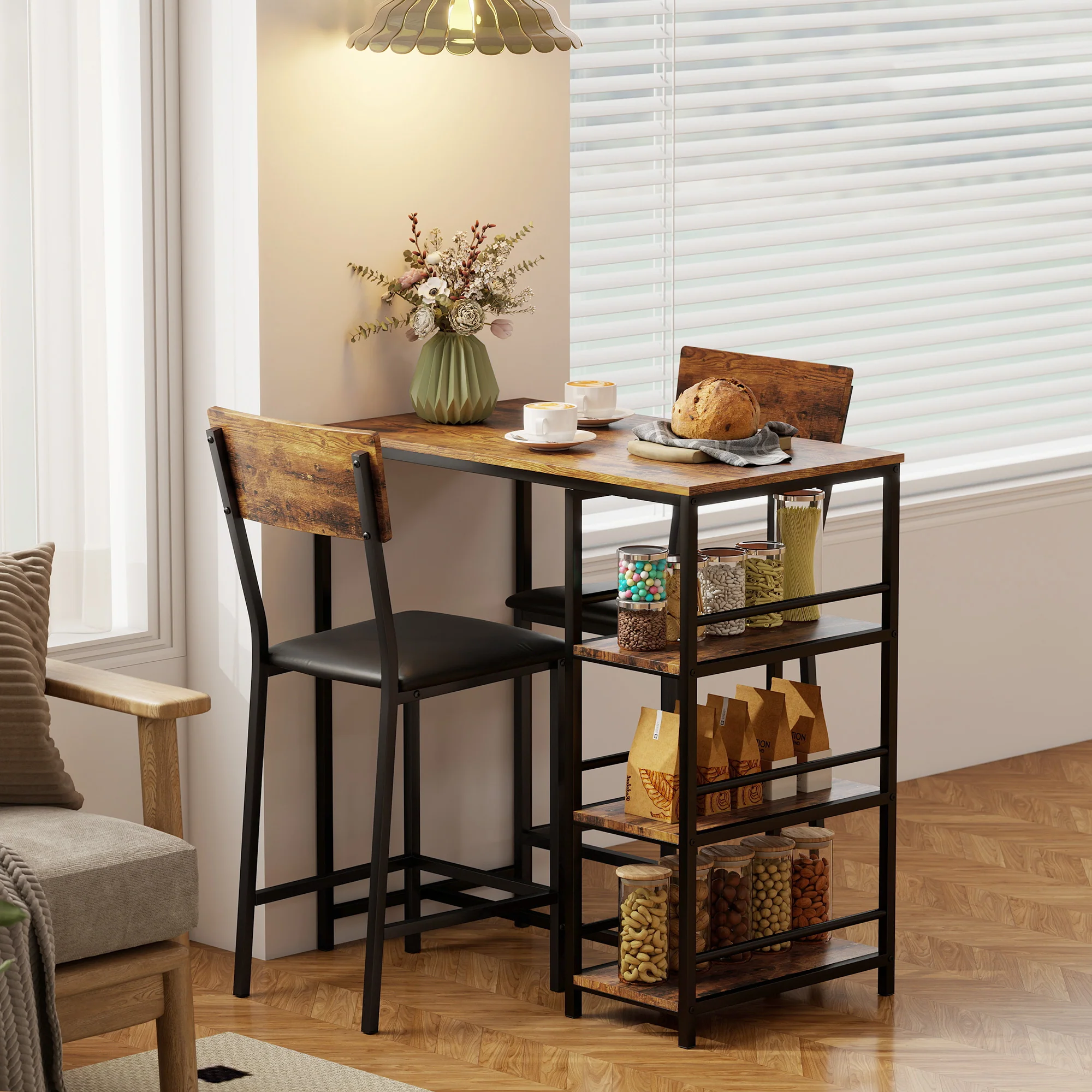 HOMCOM Industrial Bar Table Set with Storage and Padded Seats, Rustic Brown - Image 8