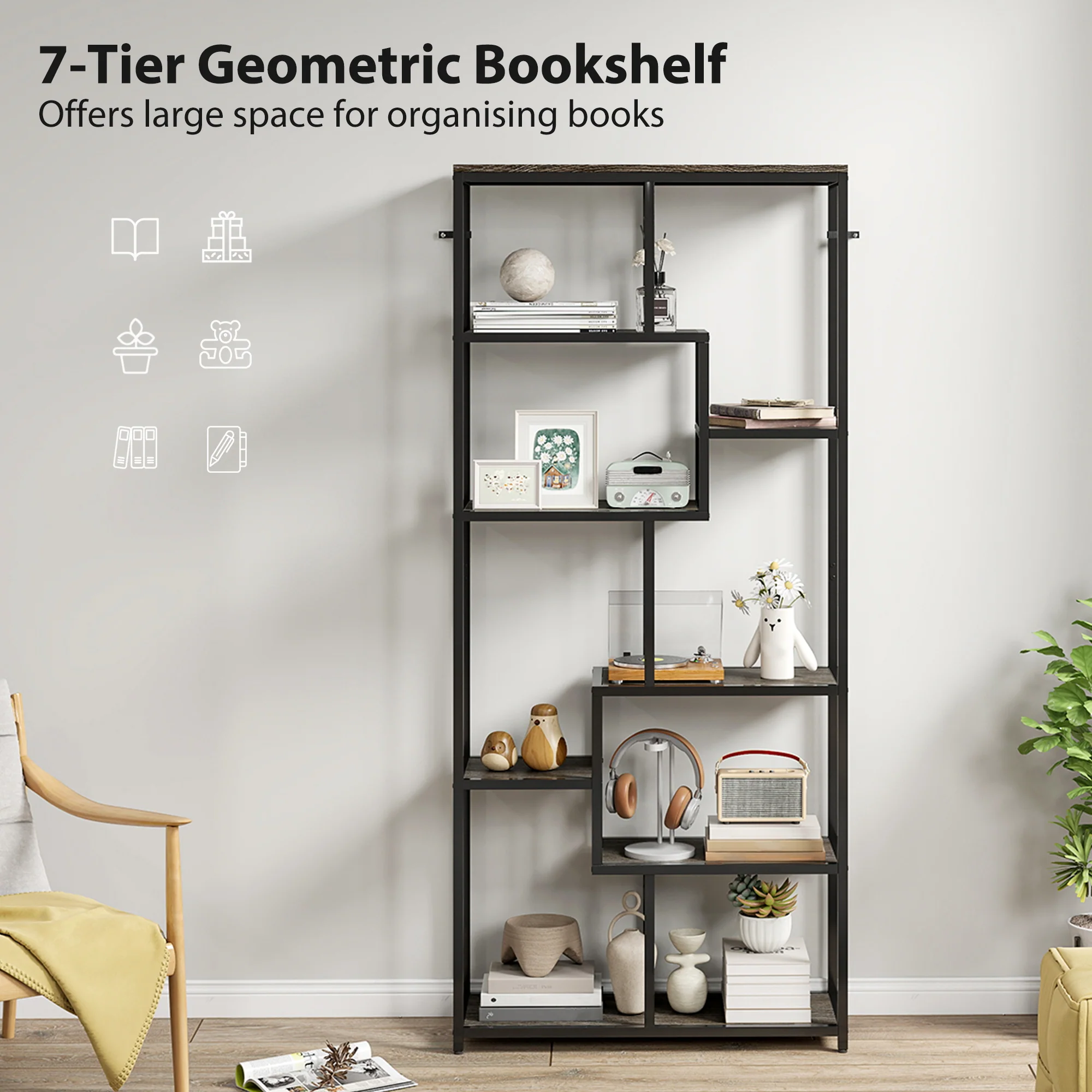 HOMCOM Industrial Bookcase 7-Tier Bookshelf Shelving Unit Grey Black - Image 3