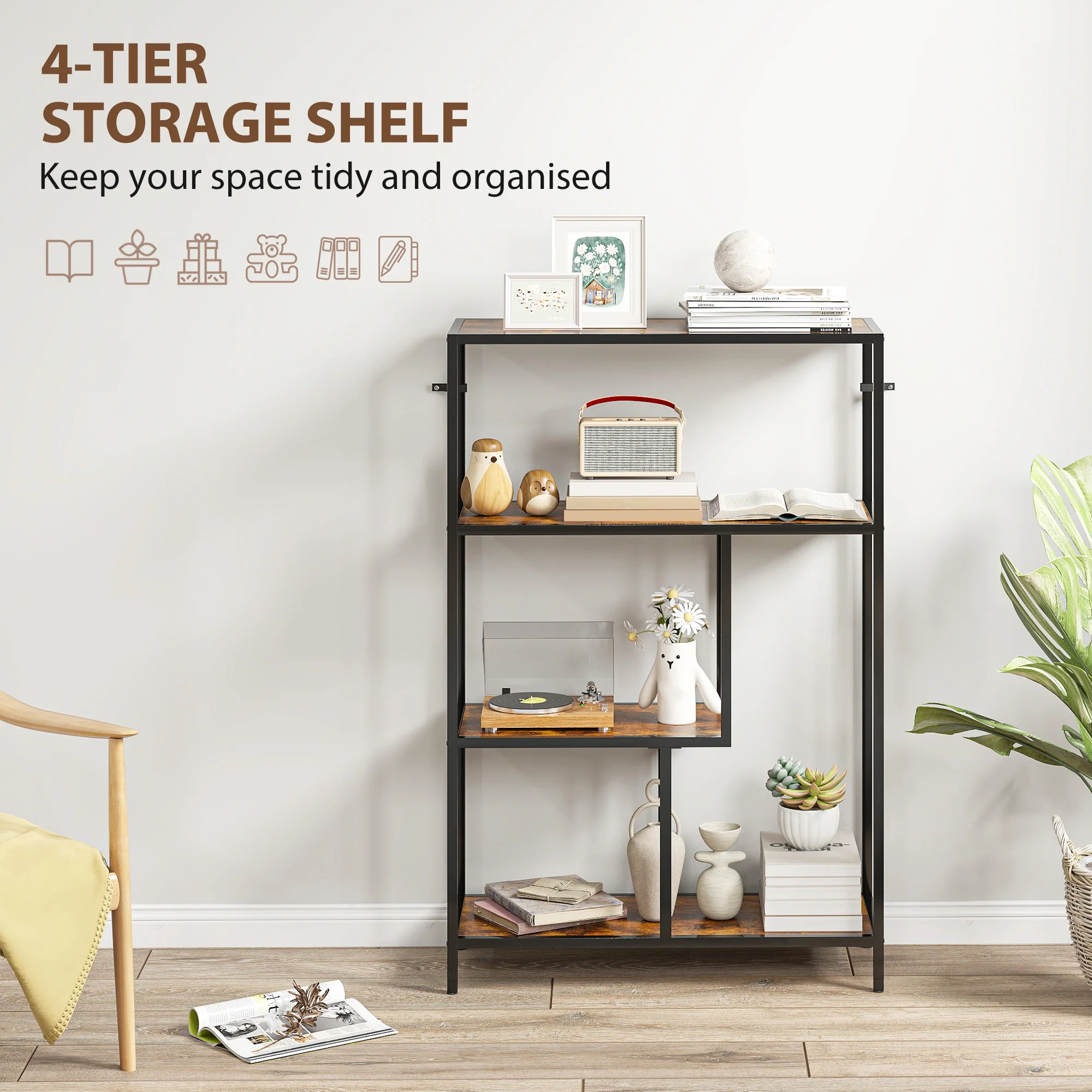 HOMCOM Industrial Bookshelf Bookcase W/ Open Shelves For Study - Image 3