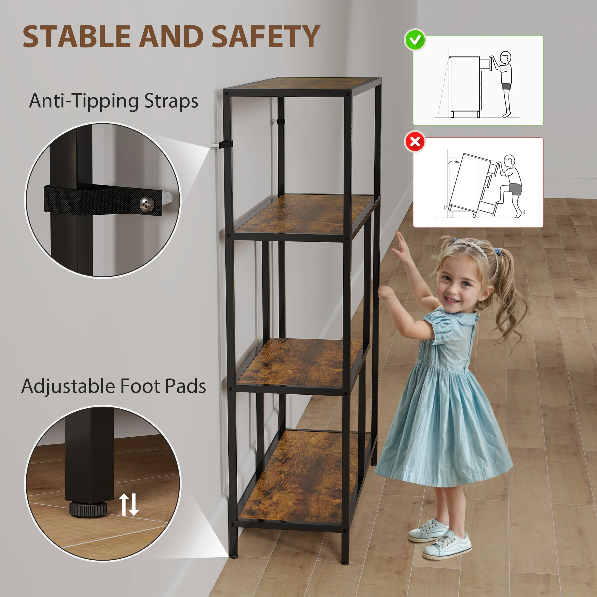 HOMCOM Industrial Bookshelf Bookcase W/ Open Shelves For Study - Image 4