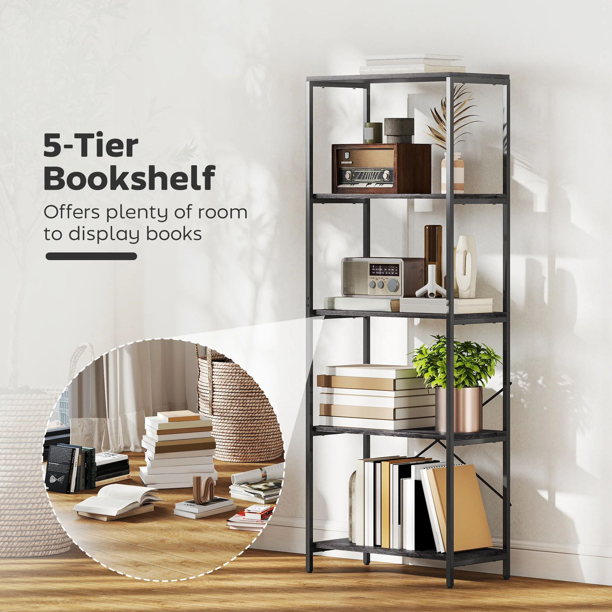 HOMCOM Industrial Bookshelf, Freestanding Bookcase, Dark Grey and Black - Image 3