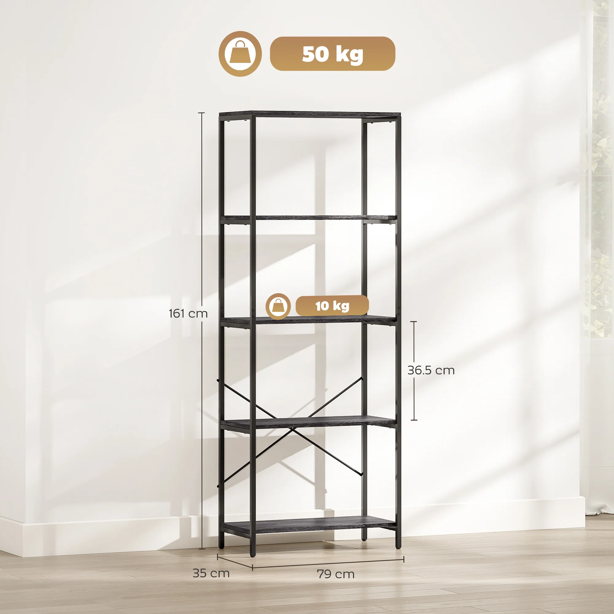 HOMCOM Industrial Bookshelf, Freestanding Bookcase, Dark Grey and Black - Image 5