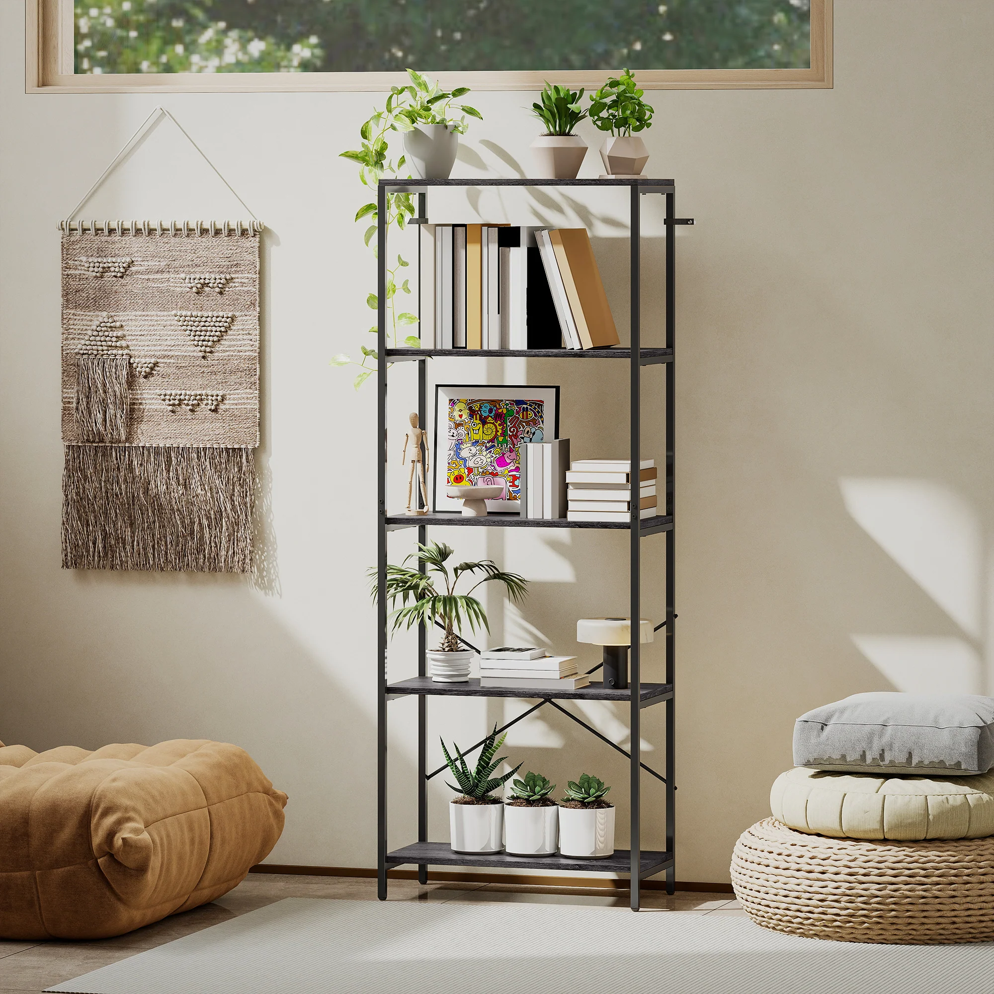 HOMCOM Industrial Bookshelf, Freestanding Bookcase, Dark Grey and Black - Image 8