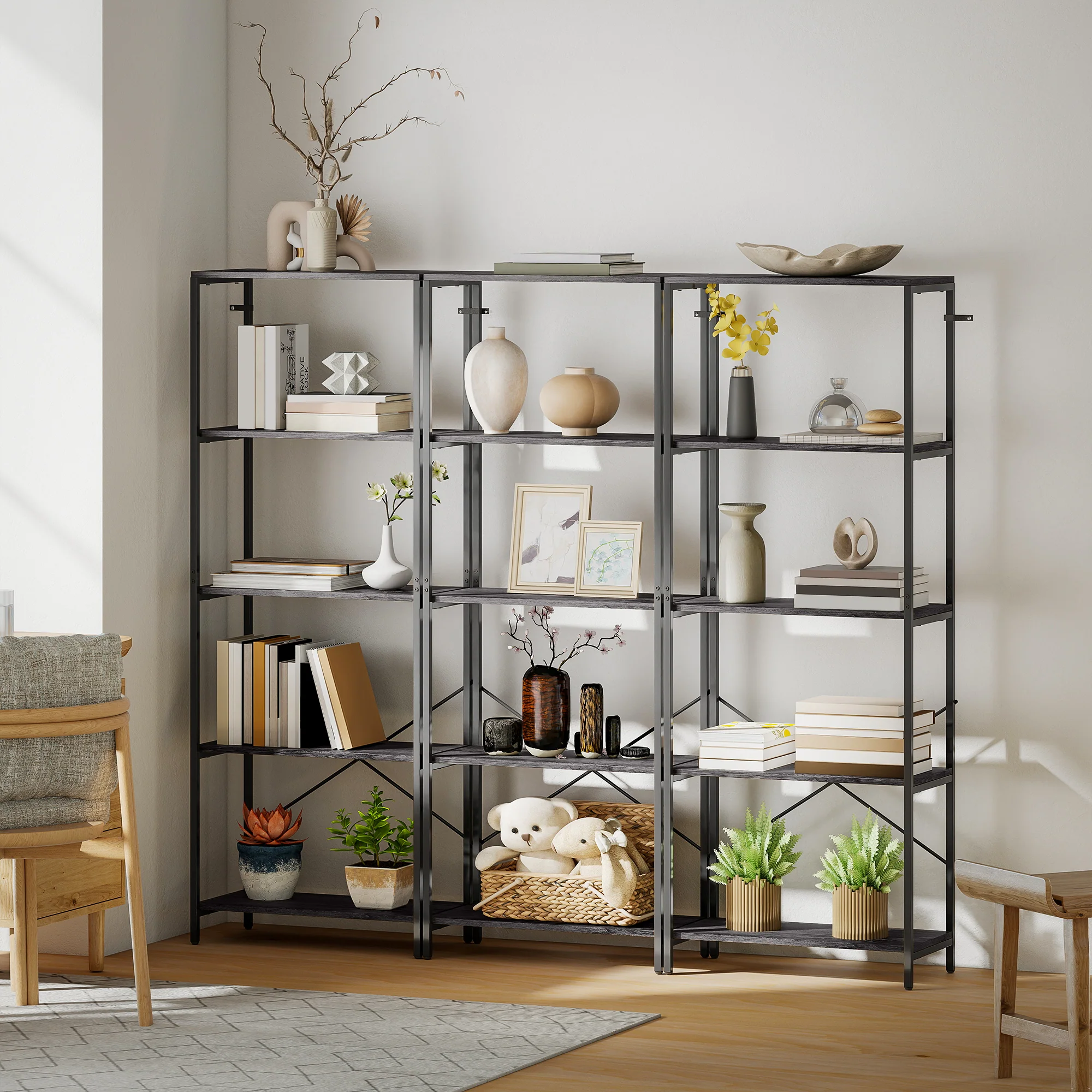 HOMCOM Industrial Bookshelf, Freestanding Bookcase, Dark Grey and Black - Image 9