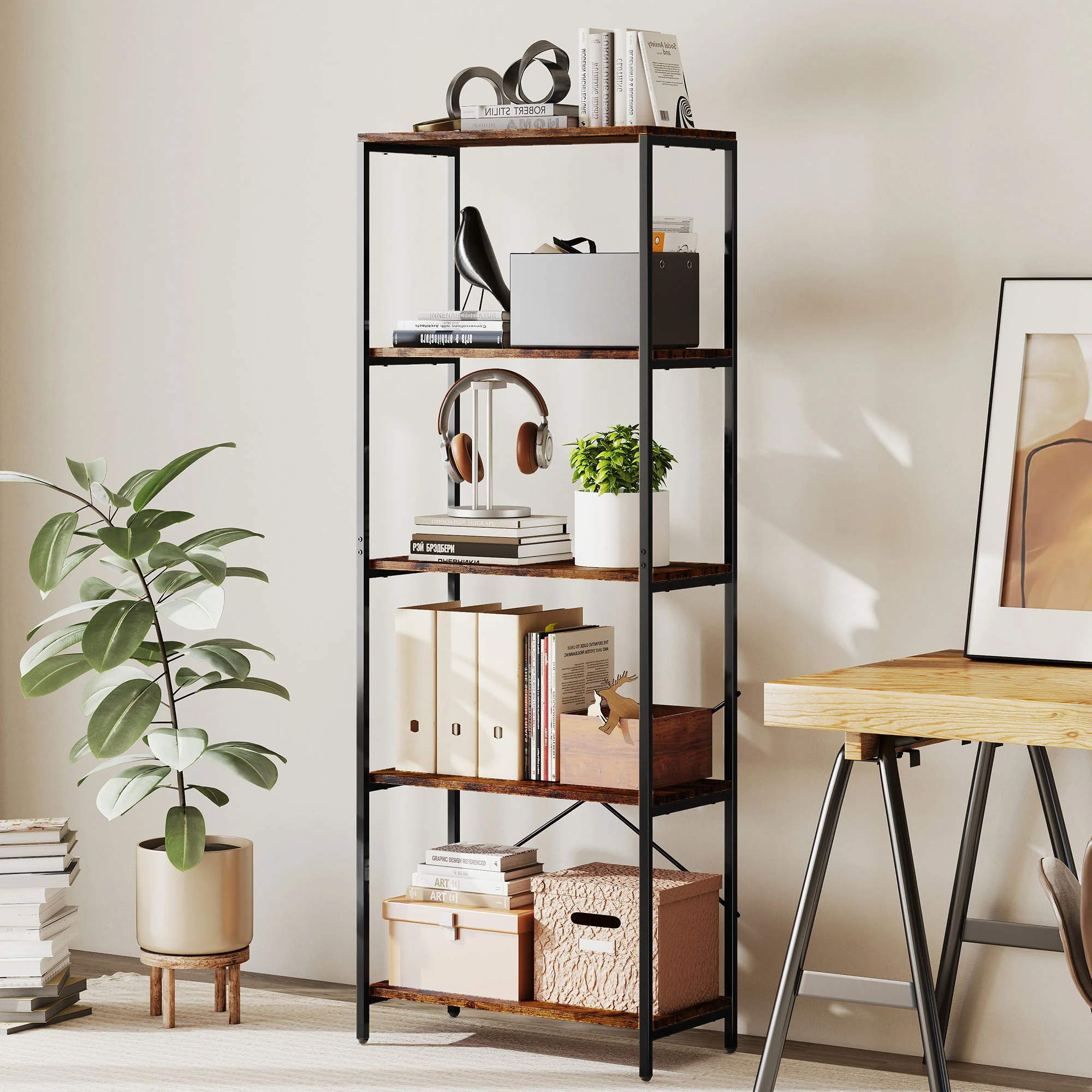 HOMCOM Industrial Bookshelf, Freestanding Bookcase, Rustic Brown and Black - Image 2