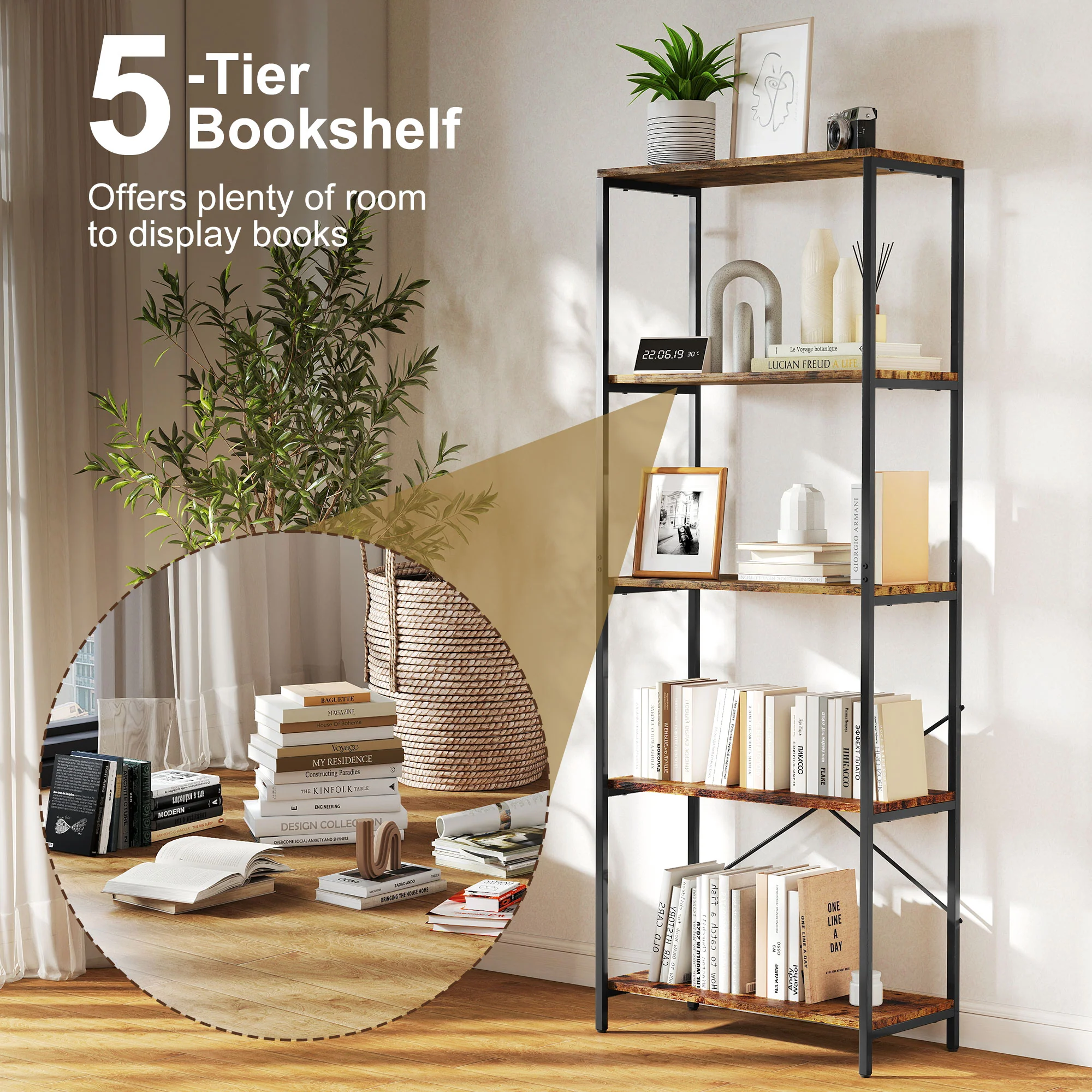 HOMCOM Industrial Bookshelf, Freestanding Bookcase, Rustic Brown and Black - Image 3