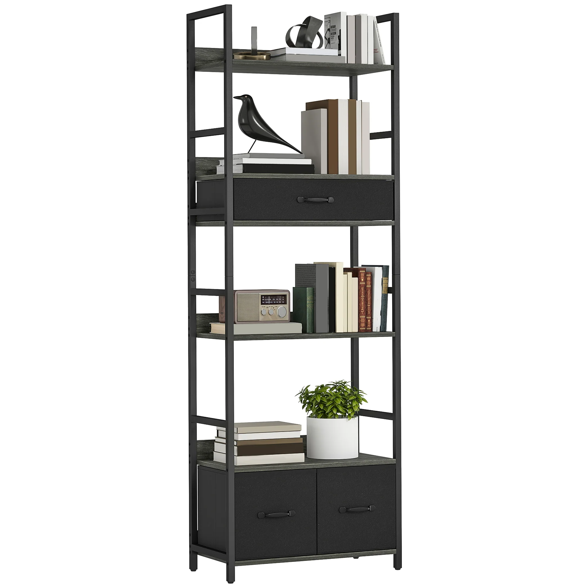 HOMCOM Industrial Bookshelf with 4 Shelves and 3 Fabric Drawers Grey