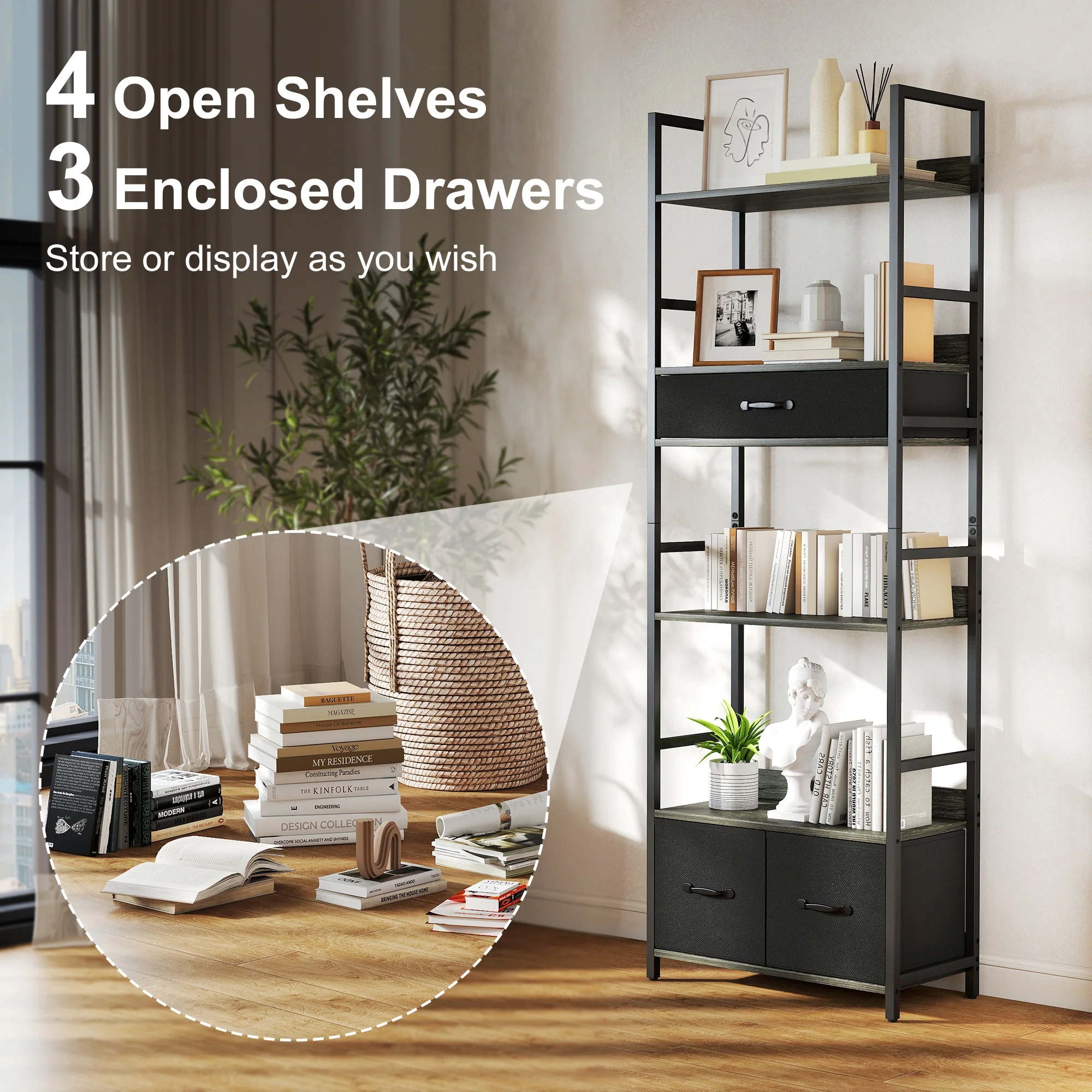 HOMCOM Industrial Bookshelf with 4 Shelves and 3 Fabric Drawers Grey - Image 3