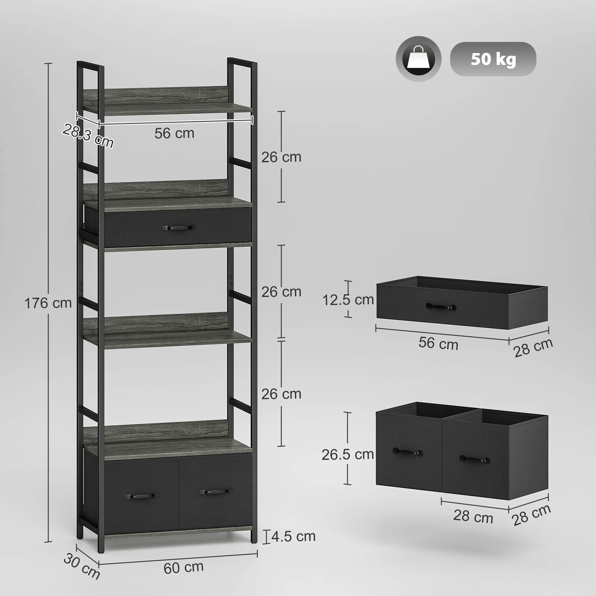 HOMCOM Industrial Bookshelf with 4 Shelves and 3 Fabric Drawers Grey - Image 5