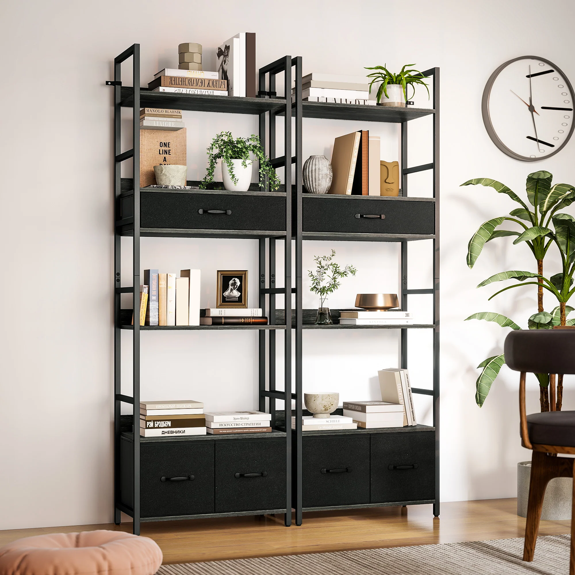 HOMCOM Industrial Bookshelf with 4 Shelves and 3 Fabric Drawers Grey - Image 9
