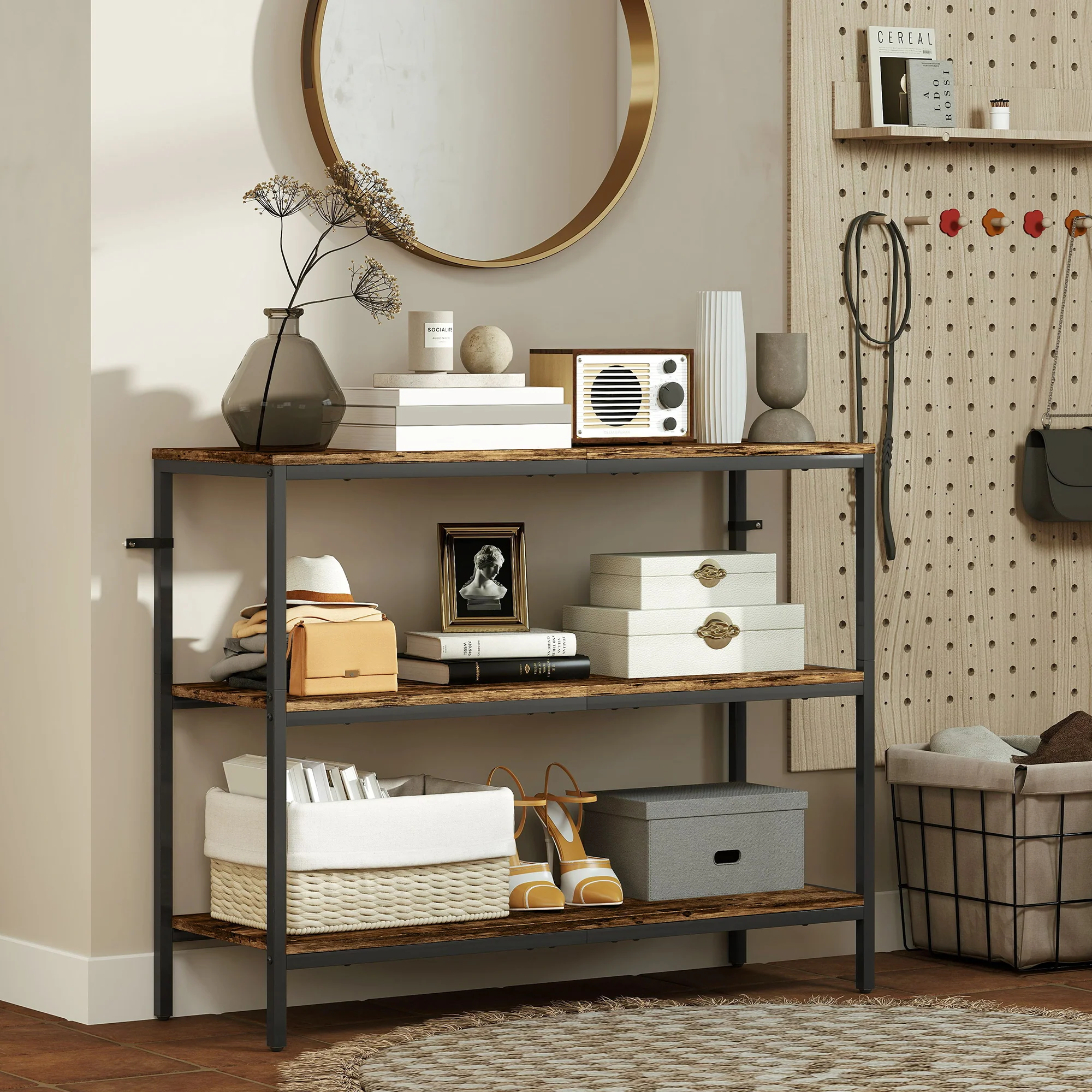 HOMCOM Industrial Console Table With 3-Tier Storage Shelves Rustic Brown - Image 8