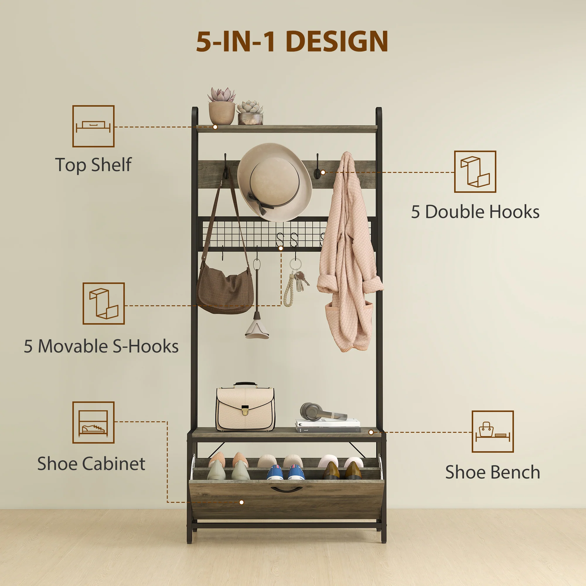HOMCOM Industrial Hall Tree Coat Rack Stand With Shoe Cabinet - Image 3