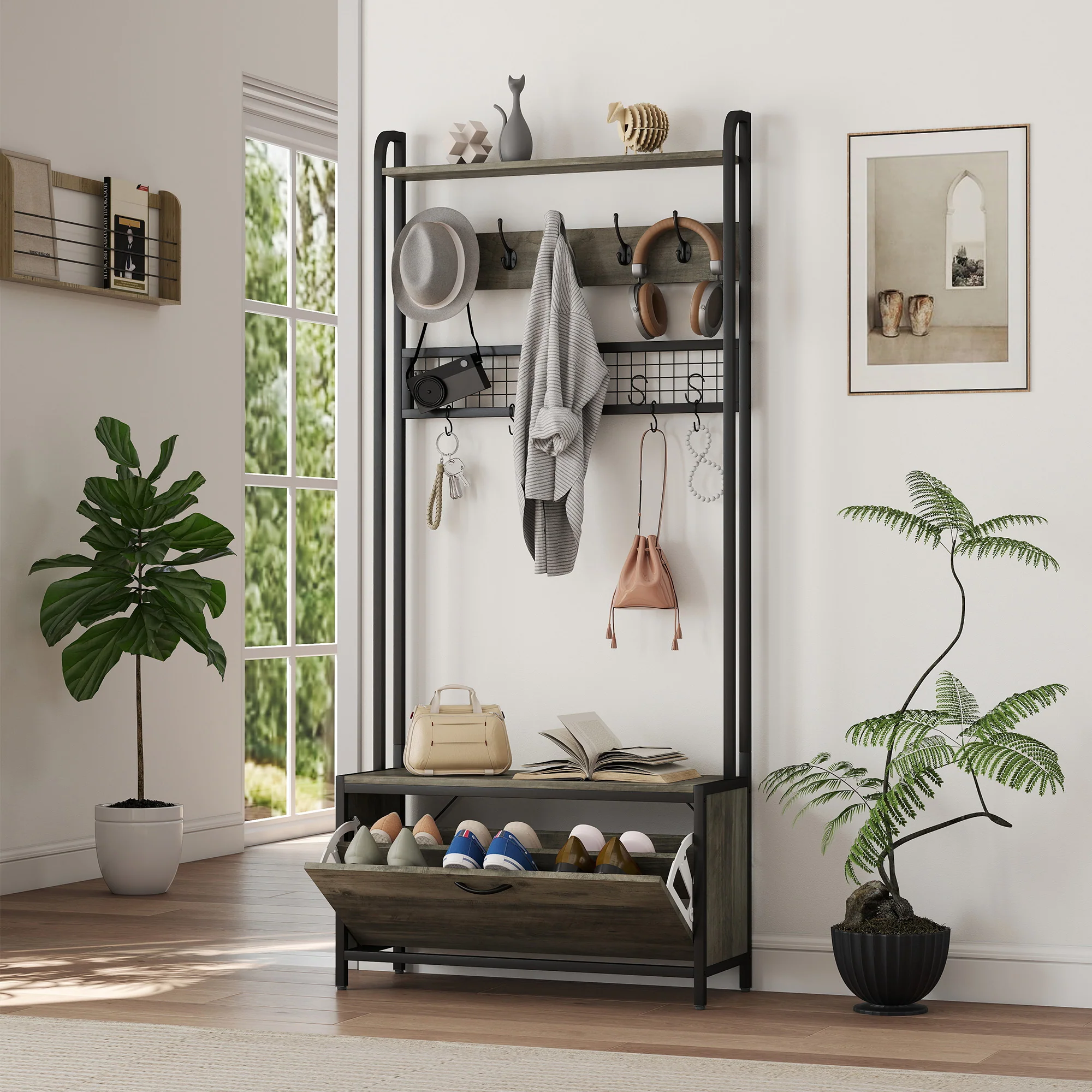 HOMCOM Industrial Hall Tree Coat Rack Stand With Shoe Cabinet - Image 9