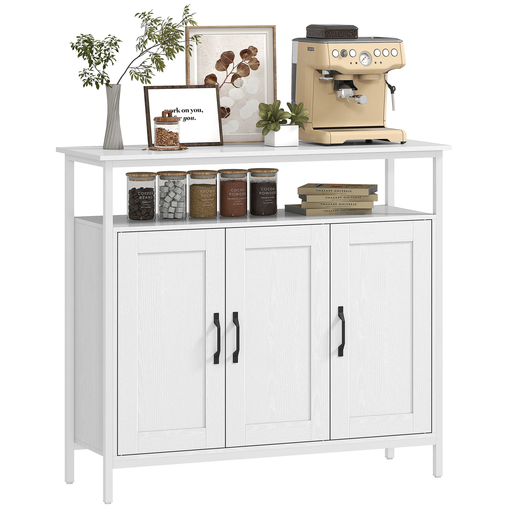 HOMCOM Industrial Kitchen Sideboard with Open Shelf & 2 Cabinets, White