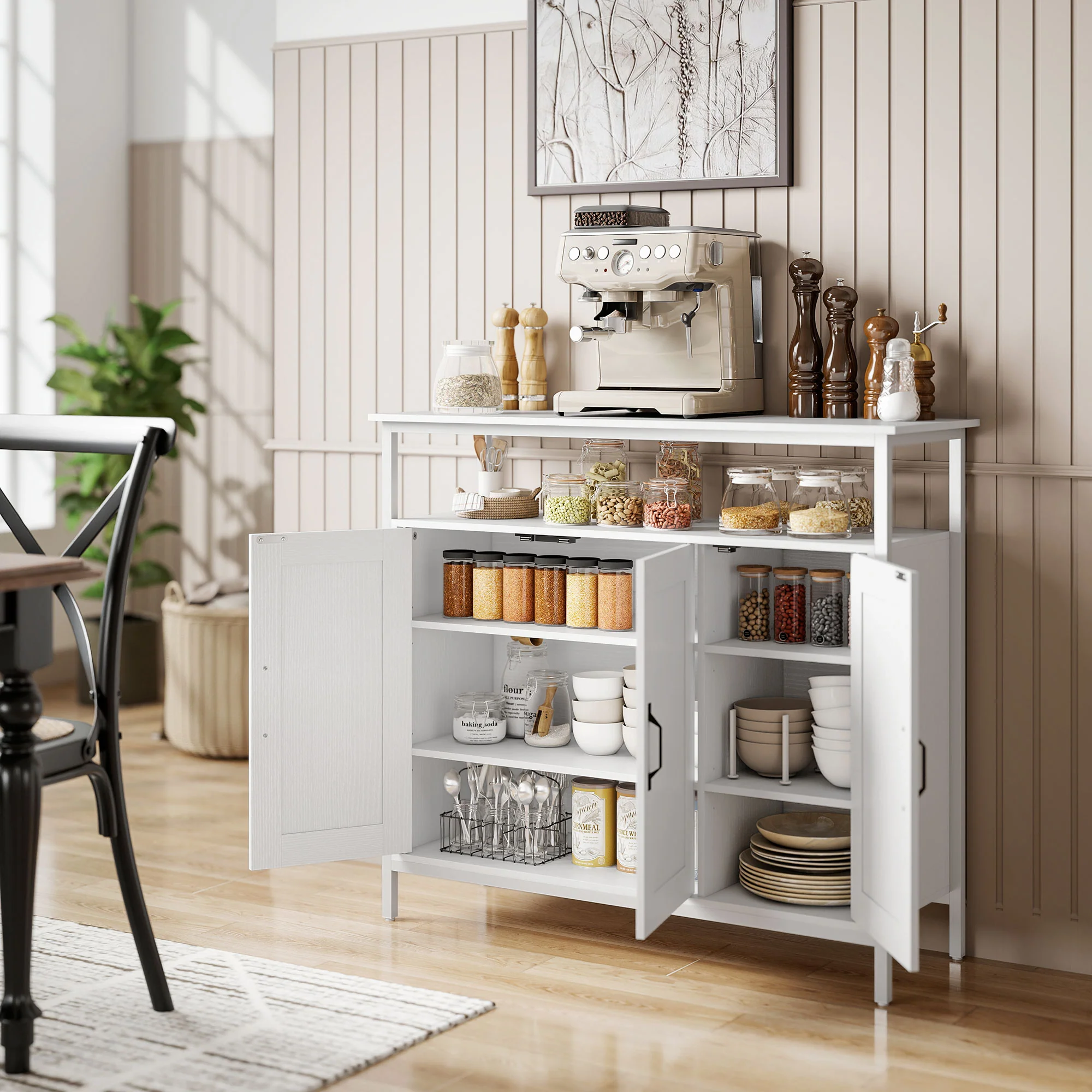 HOMCOM Industrial Kitchen Sideboard with Open Shelf & 2 Cabinets, White - Image 2