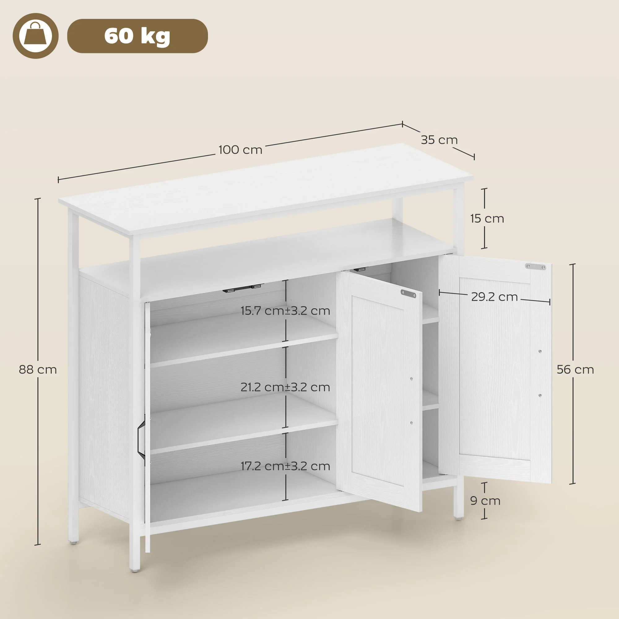 HOMCOM Industrial Kitchen Sideboard with Open Shelf & 2 Cabinets, White - Image 3