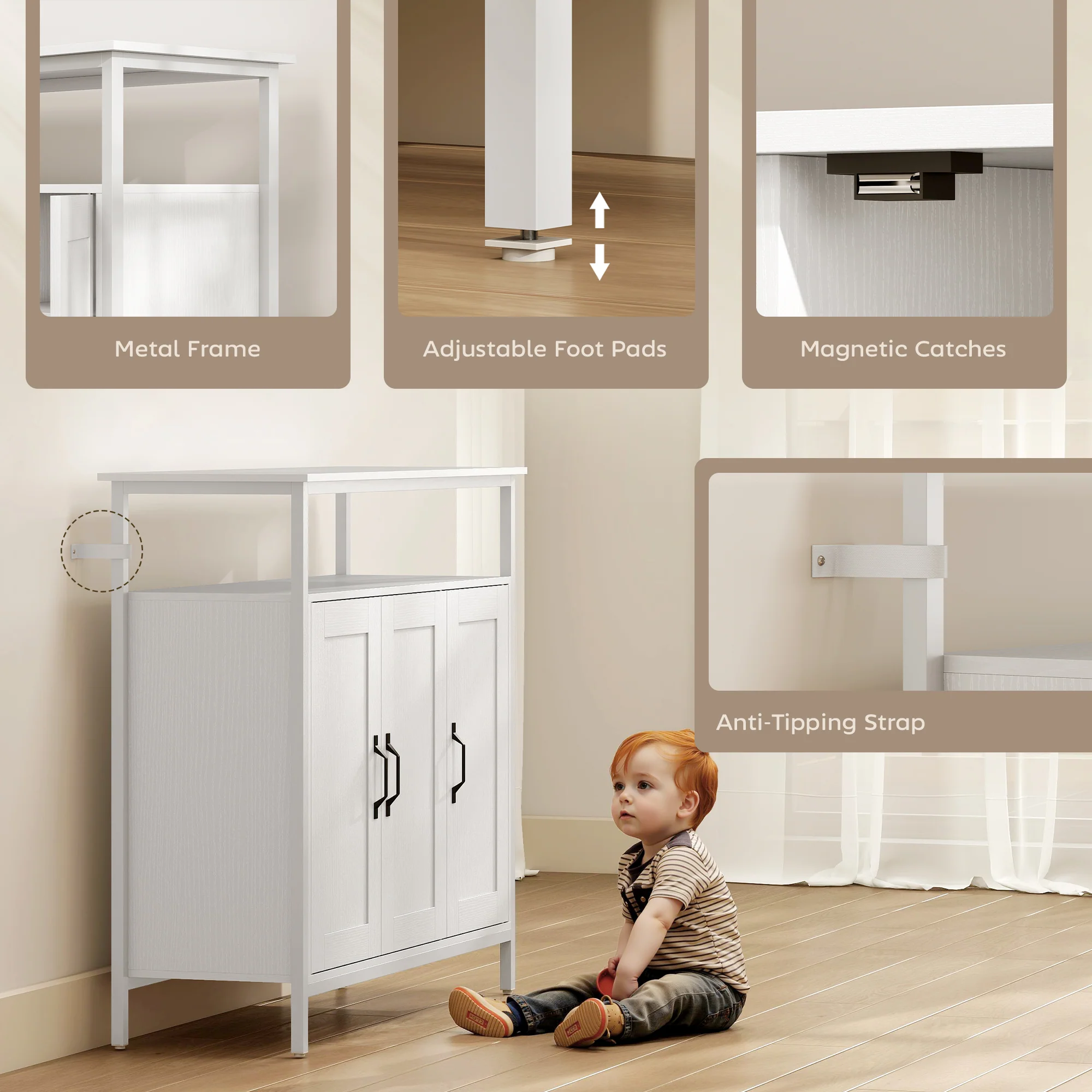 HOMCOM Industrial Kitchen Sideboard with Open Shelf & 2 Cabinets, White - Image 6